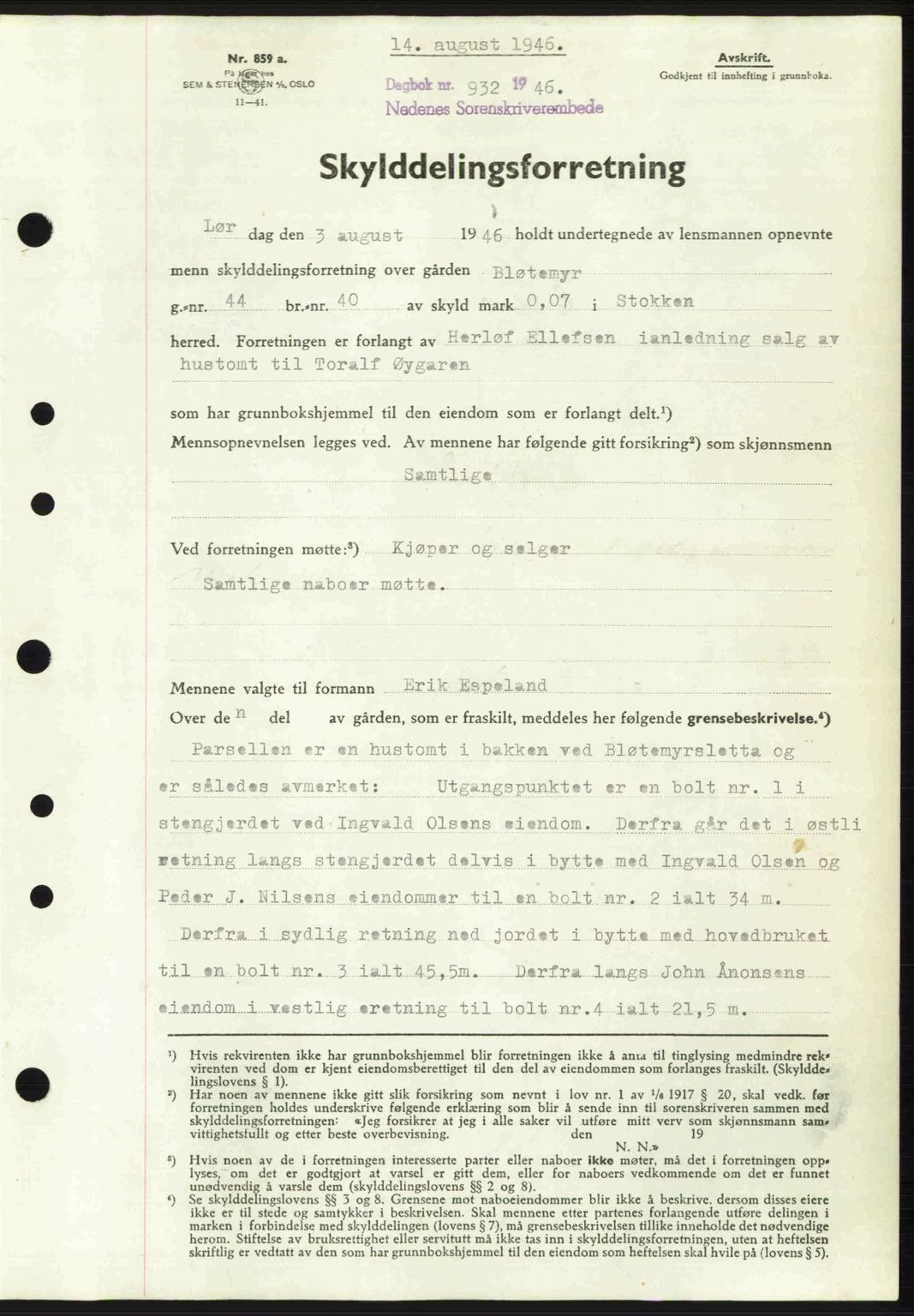 Nedenes sorenskriveri, SAK/1221-0006/G/Gb/Gba/L0055: Mortgage book no. A7, 1946-1946, Diary no: : 932/1946