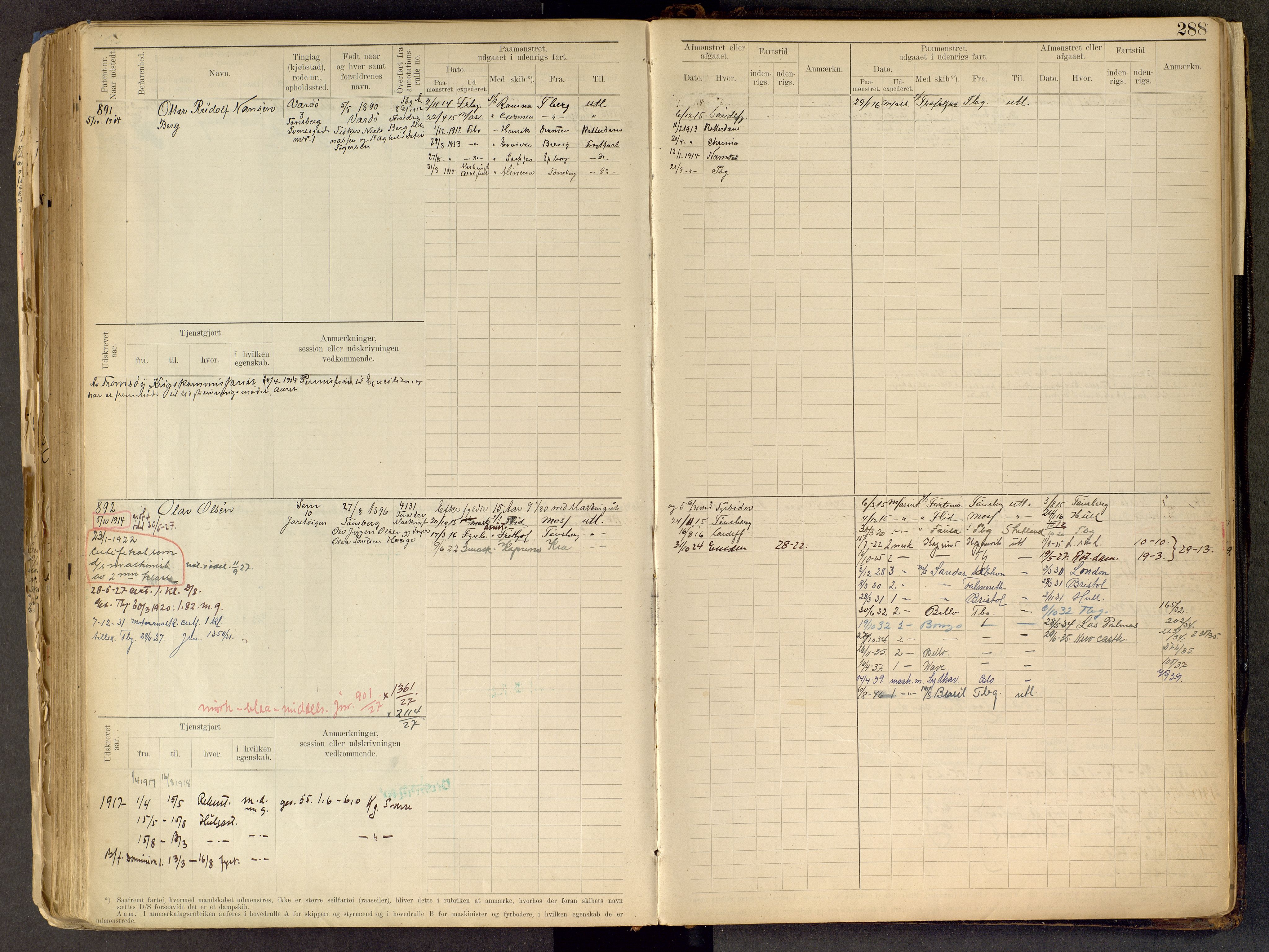 Tønsberg innrulleringskontor, AV/SAKO-A-786/F/Fe/L0002: Maskinist- og fyrbøterrulle Patent nr. 315-1110, 1902-1924, p. 288