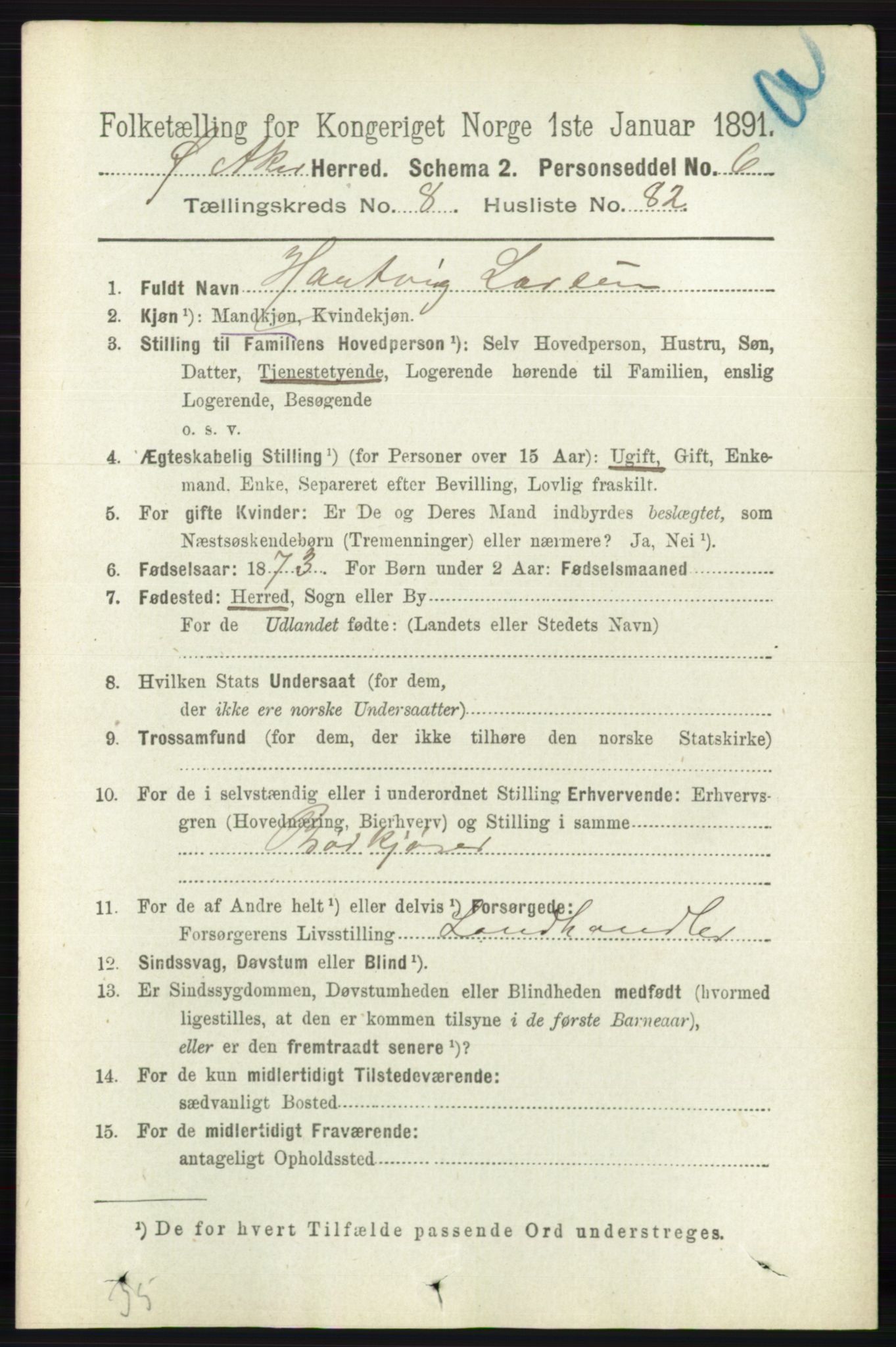 RA, 1891 census for 0218 Aker, 1891, p. 7933