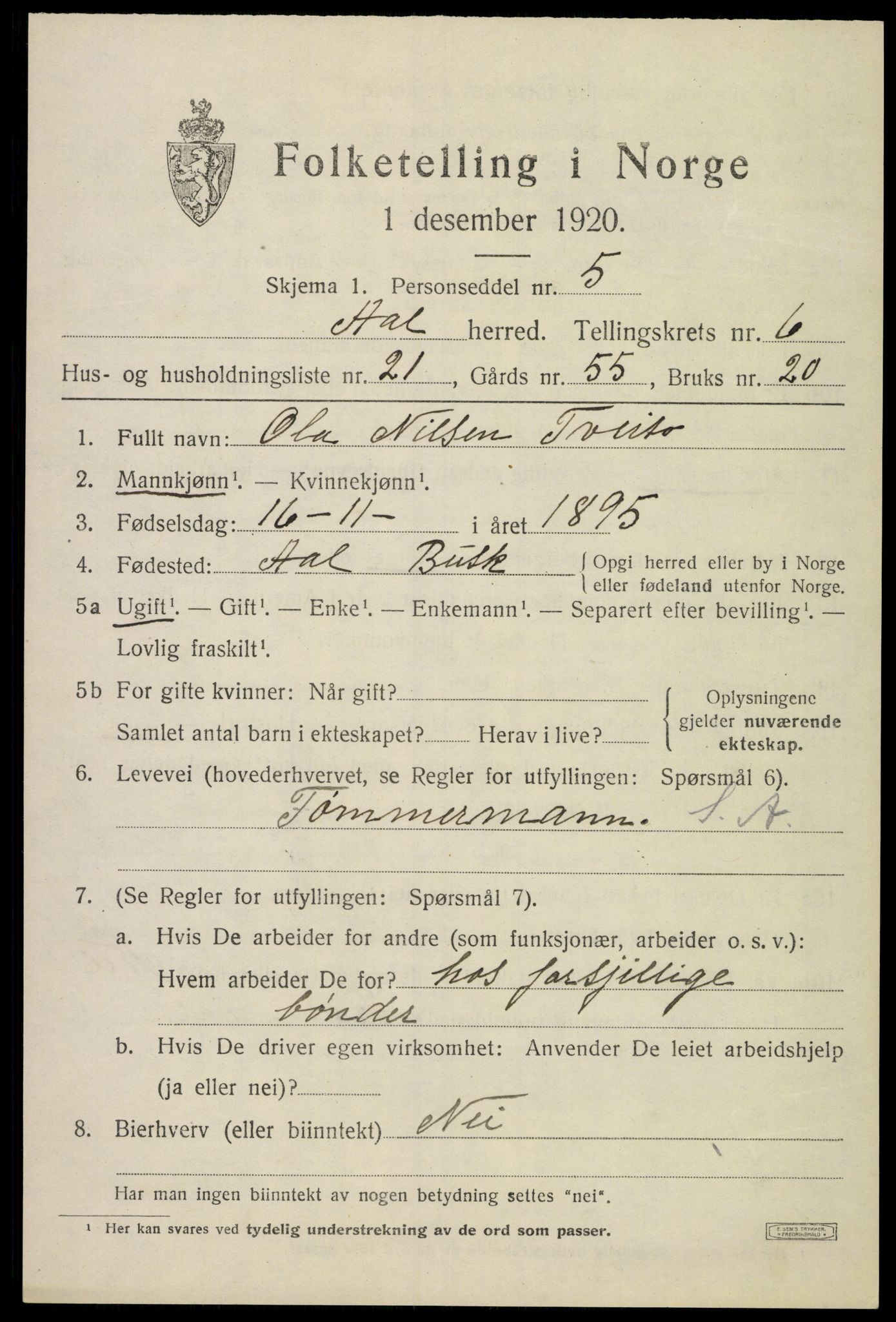 SAKO, 1920 census for Ål, 1920, p. 4576