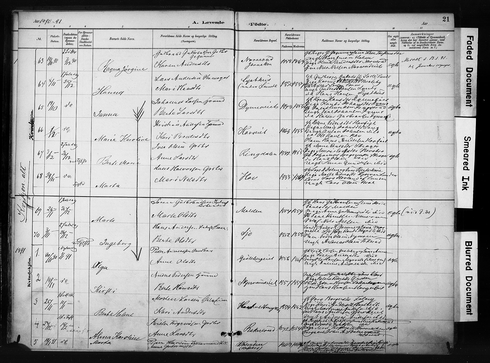 Gran prestekontor, SAH/PREST-112/H/Ha/Haa/L0017: Parish register (official) no. 17, 1889-1897, p. 21