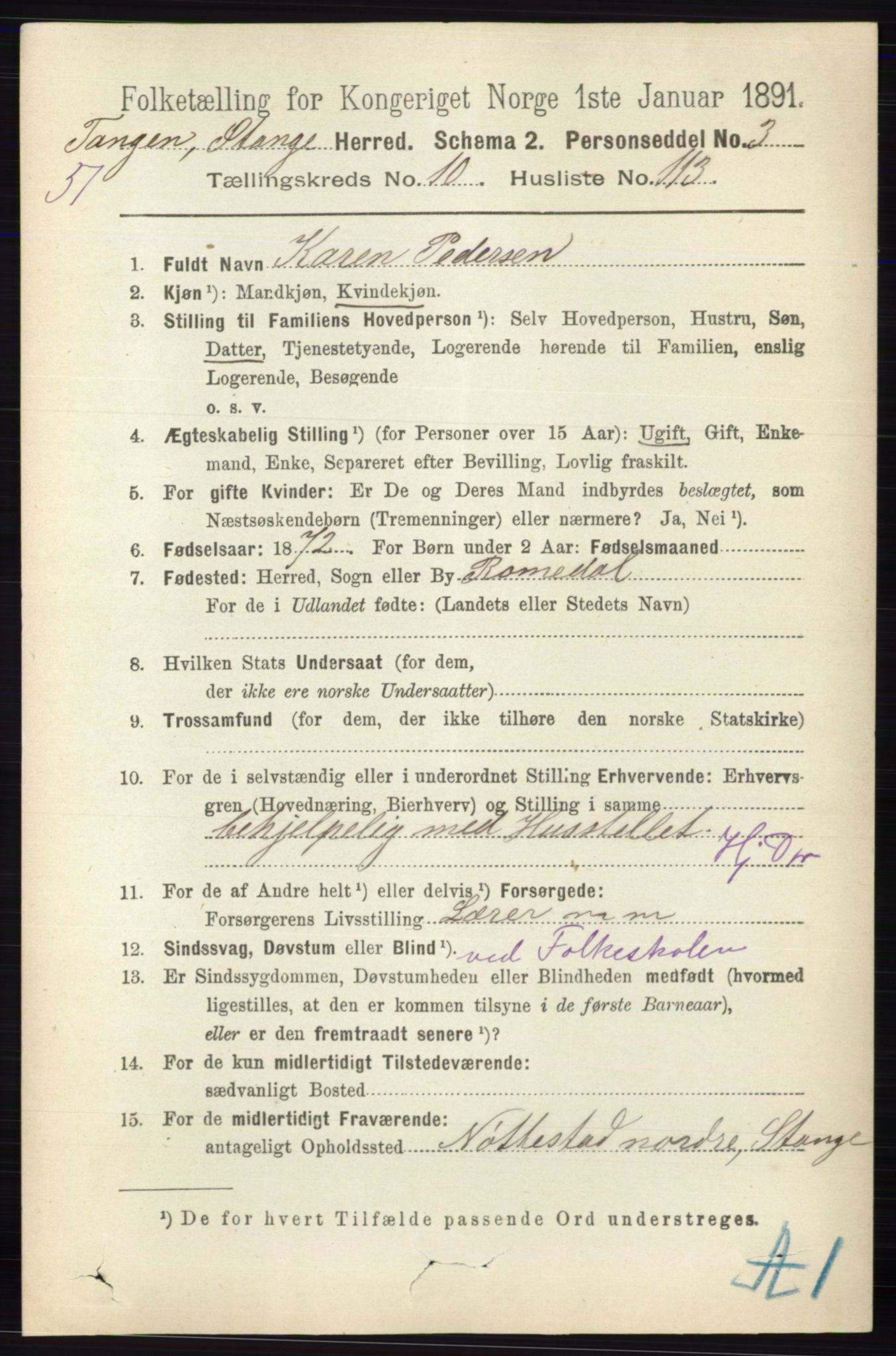 RA, 1891 census for 0417 Stange, 1891, p. 7422