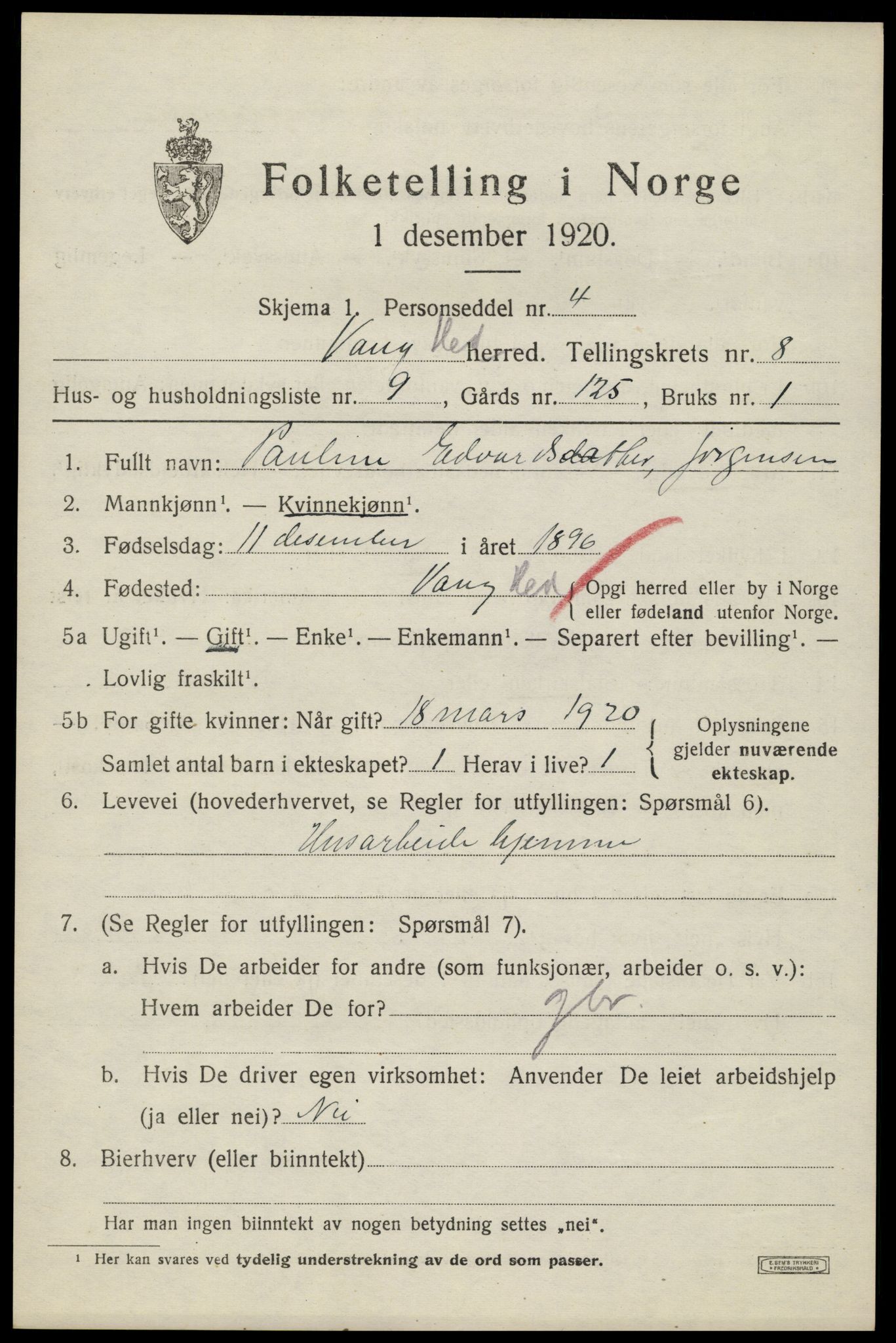 SAH, 1920 census for Vang (Hedmark), 1920, p. 17539