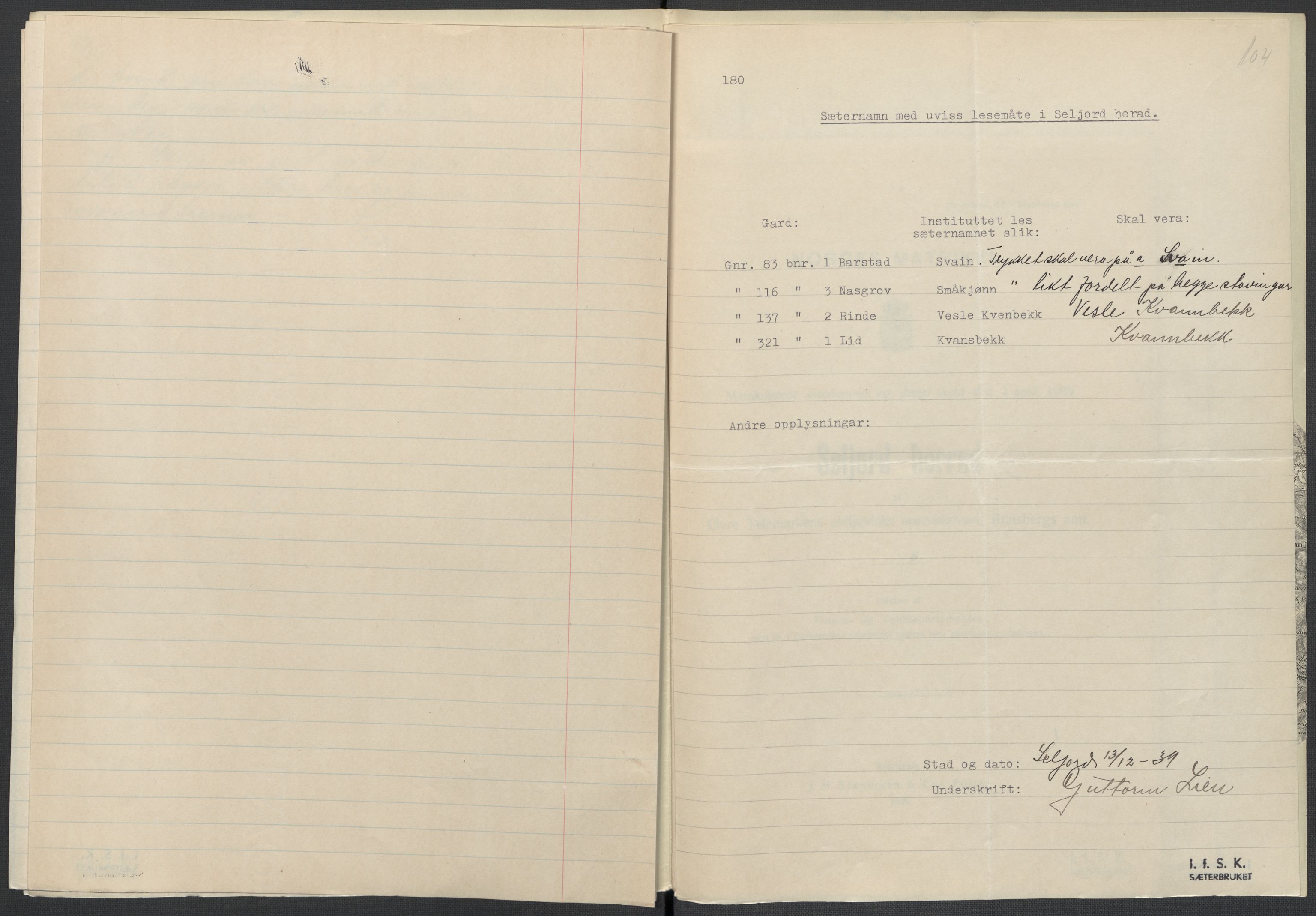 Instituttet for sammenlignende kulturforskning, AV/RA-PA-0424/F/Fc/L0007/0001: Eske B7: / Telemark (perm XVI), 1934-1936, p. 104