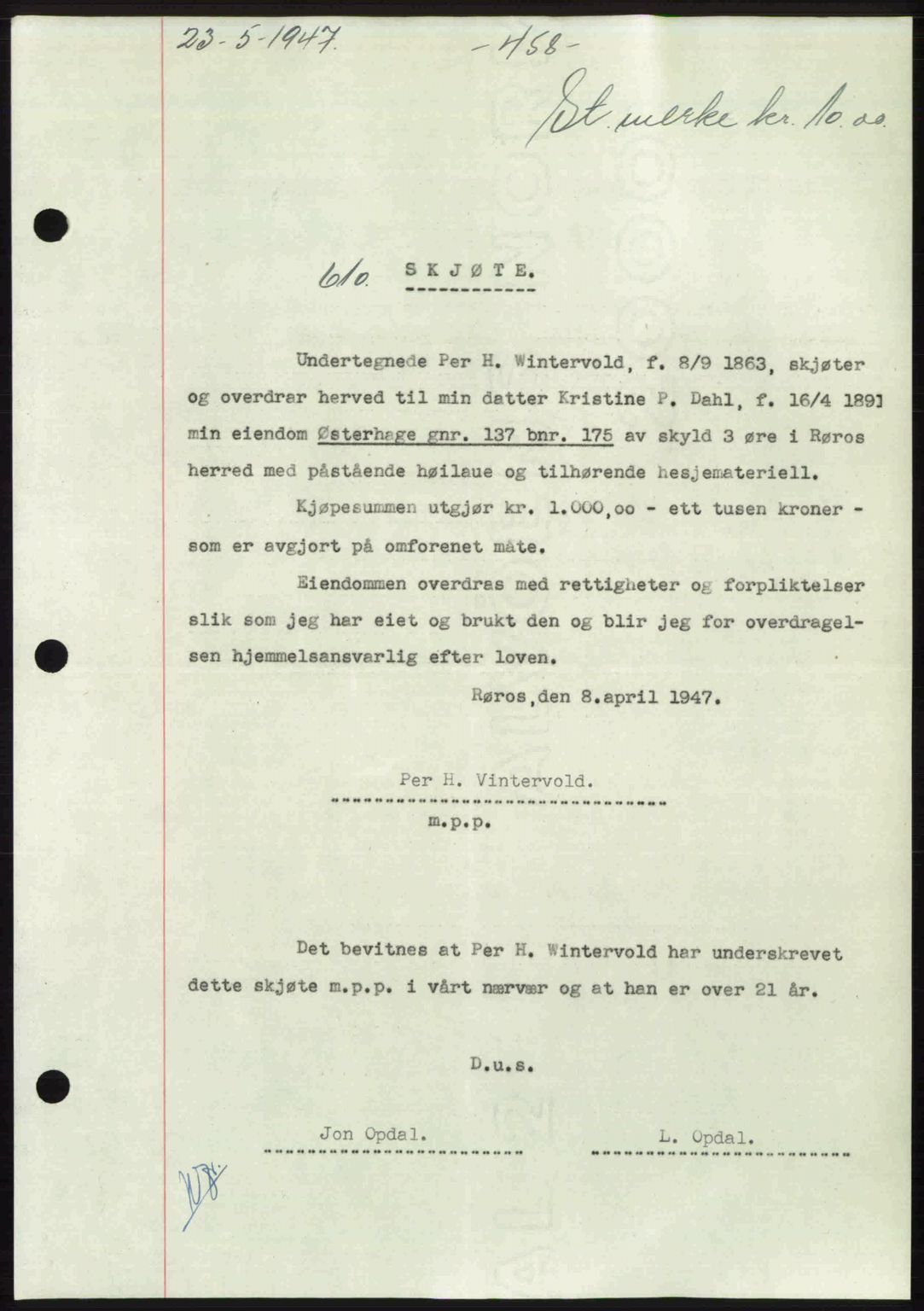 Gauldal sorenskriveri, SAT/A-0014/1/2/2C: Mortgage book no. A3, 1947-1947, Diary no: : 610/1947