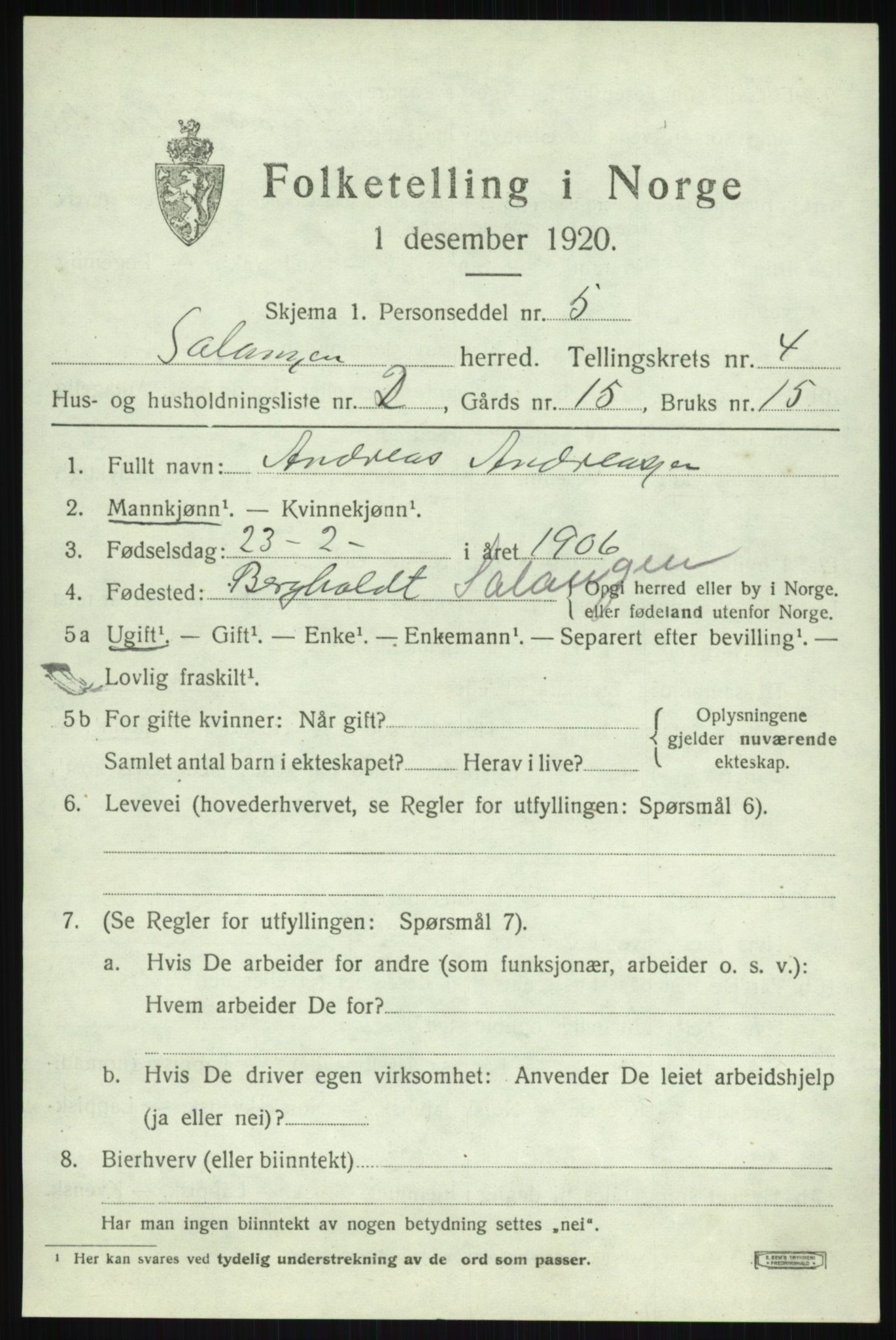 SATØ, 1920 census for Salangen, 1920, p. 2294