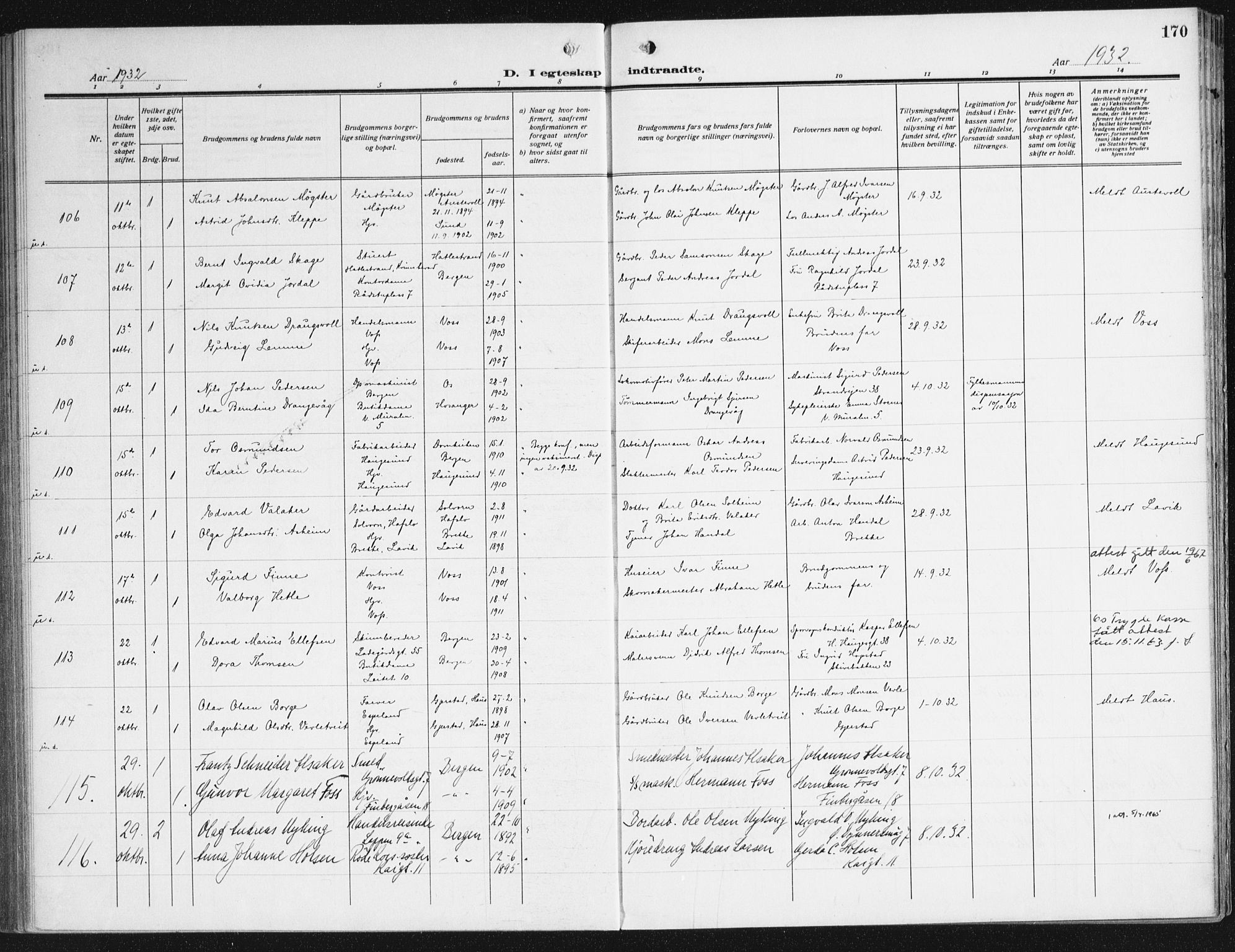 Domkirken sokneprestembete, AV/SAB-A-74801/H/Haa/L0039: Parish register (official) no. D 6, 1921-1937, p. 170