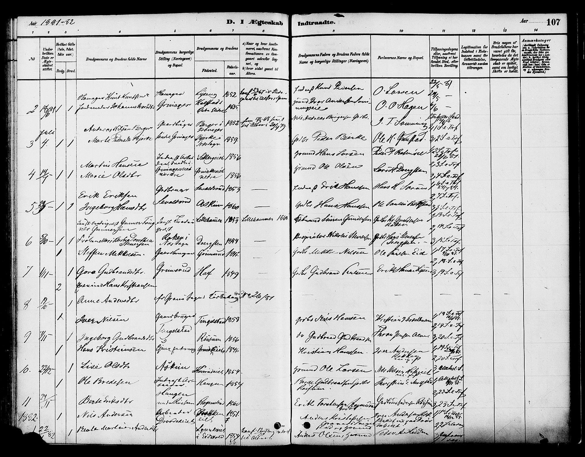 Gran prestekontor, SAH/PREST-112/H/Ha/Haa/L0016: Parish register (official) no. 16, 1880-1888, p. 107