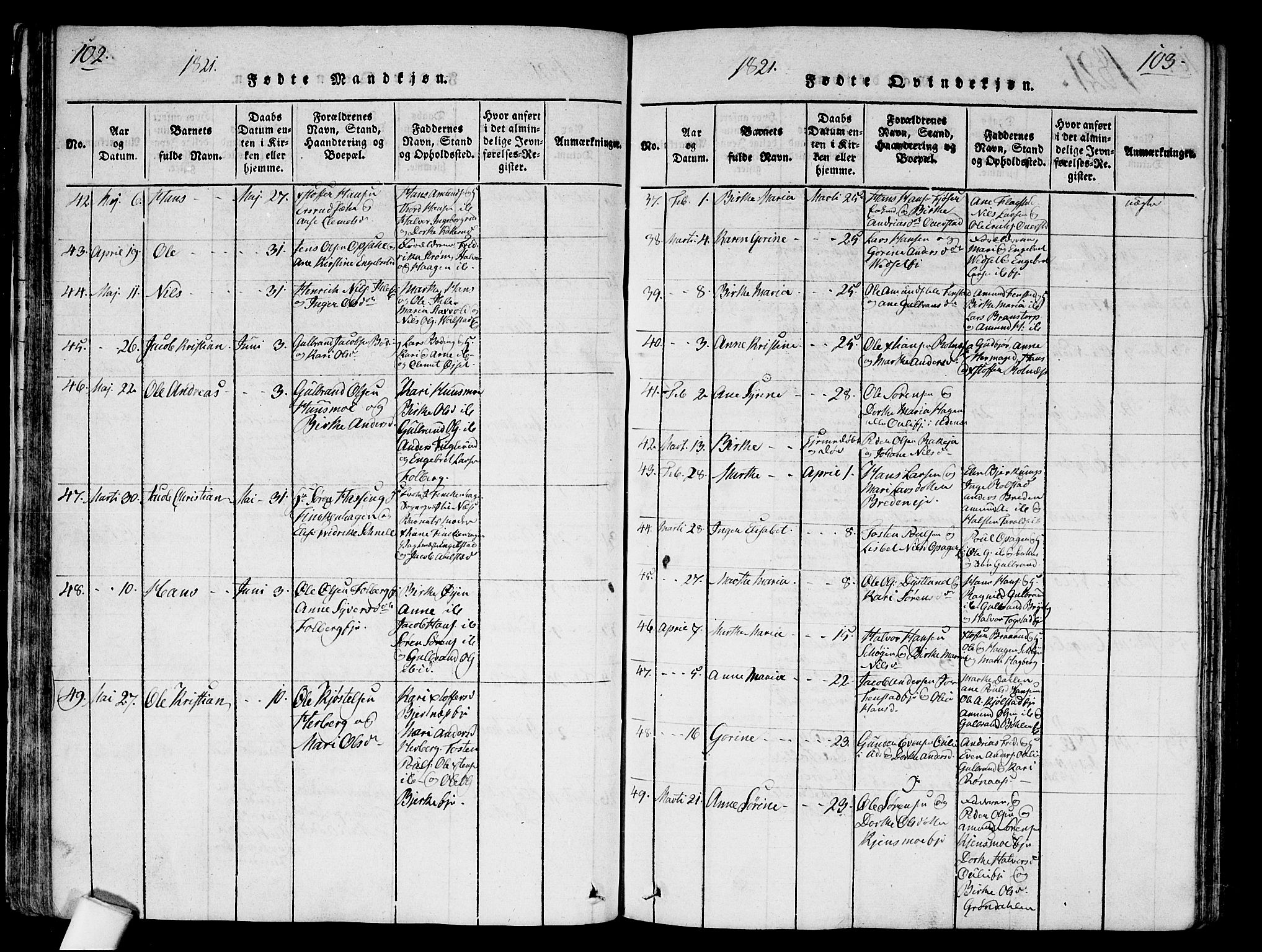 Nes prestekontor Kirkebøker, SAO/A-10410/G/Ga/L0001: Parish register (copy) no. I 1, 1815-1835, p. 102-103