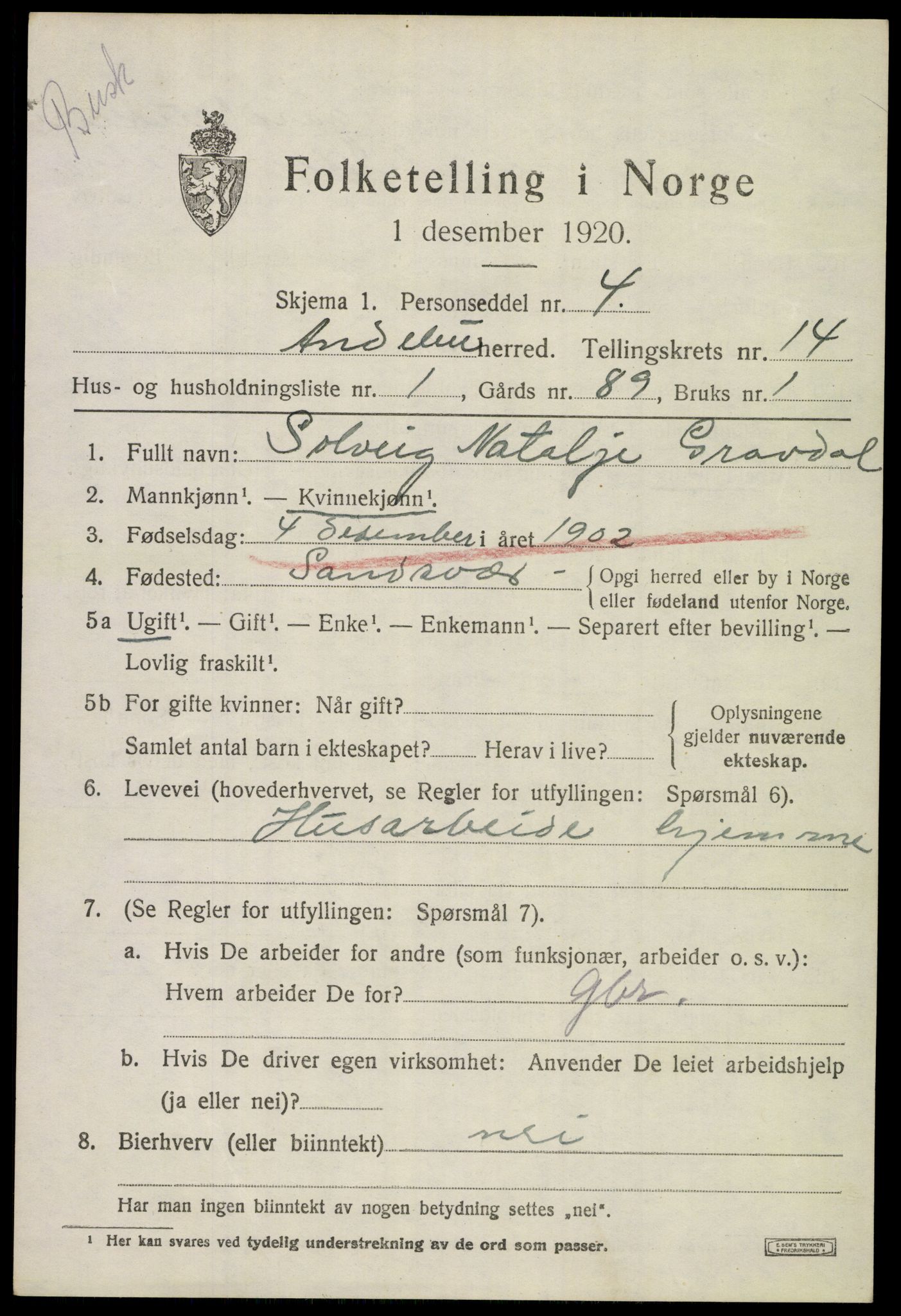 SAKO, 1920 census for Andebu, 1920, p. 5092