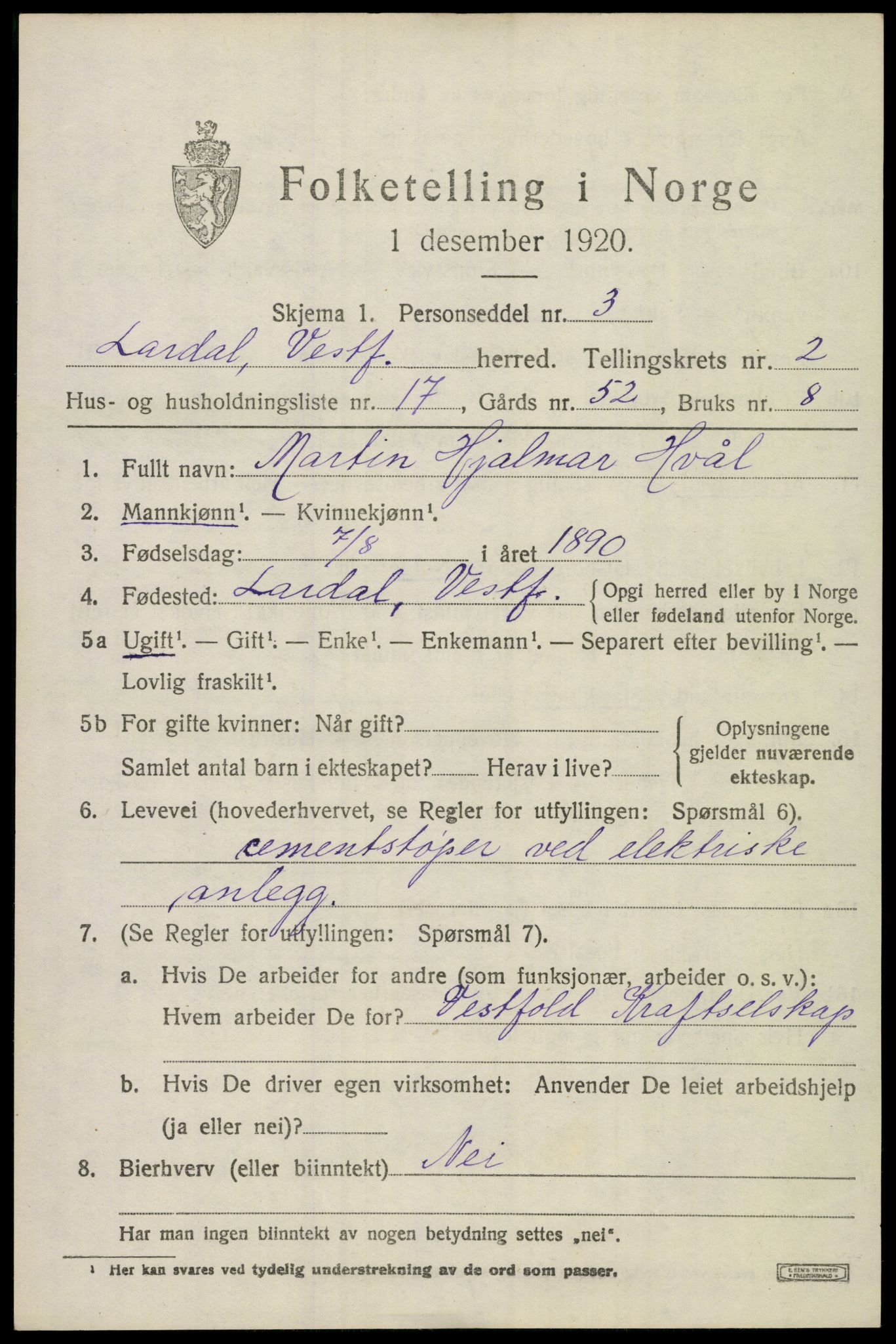 SAKO, 1920 census for Lardal, 1920, p. 2171
