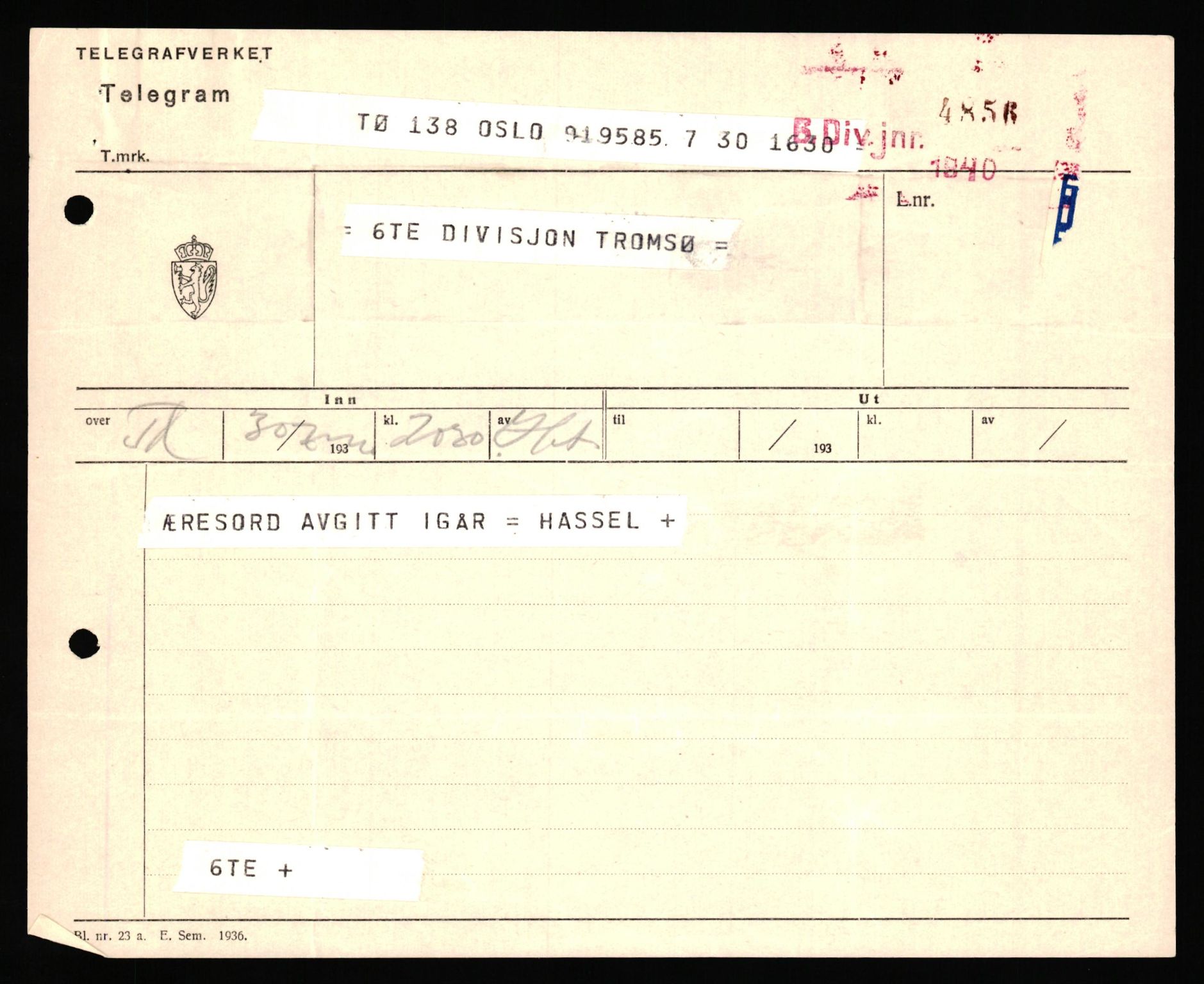 Forsvaret, Forsvarets krigshistoriske avdeling, AV/RA-RAFA-2017/Y/Yf/L0198: II-C-11-2100  -  Kapitulasjonen i 1940, 1940, p. 526