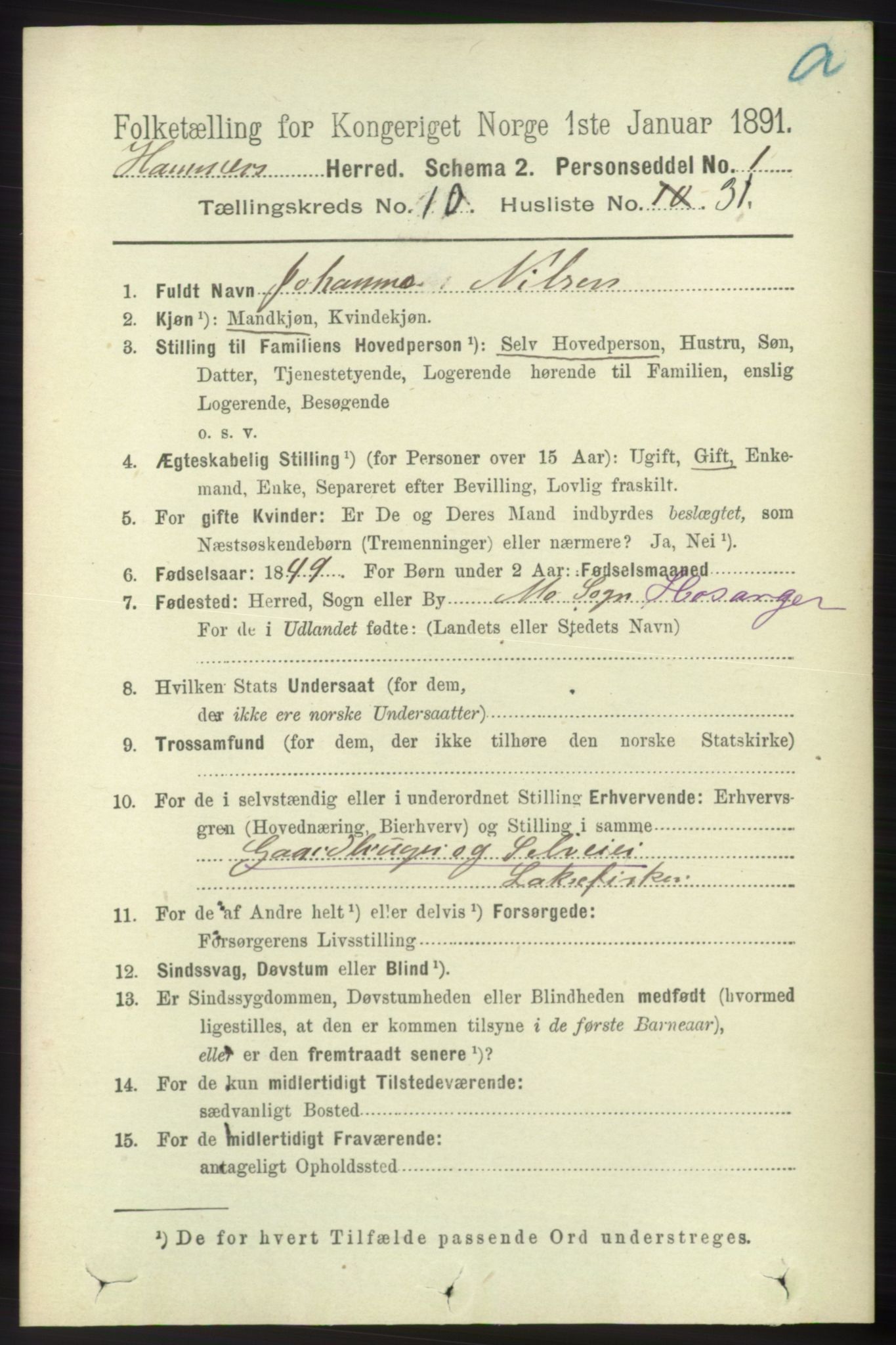 RA, 1891 census for 1254 Hamre, 1891, p. 2963