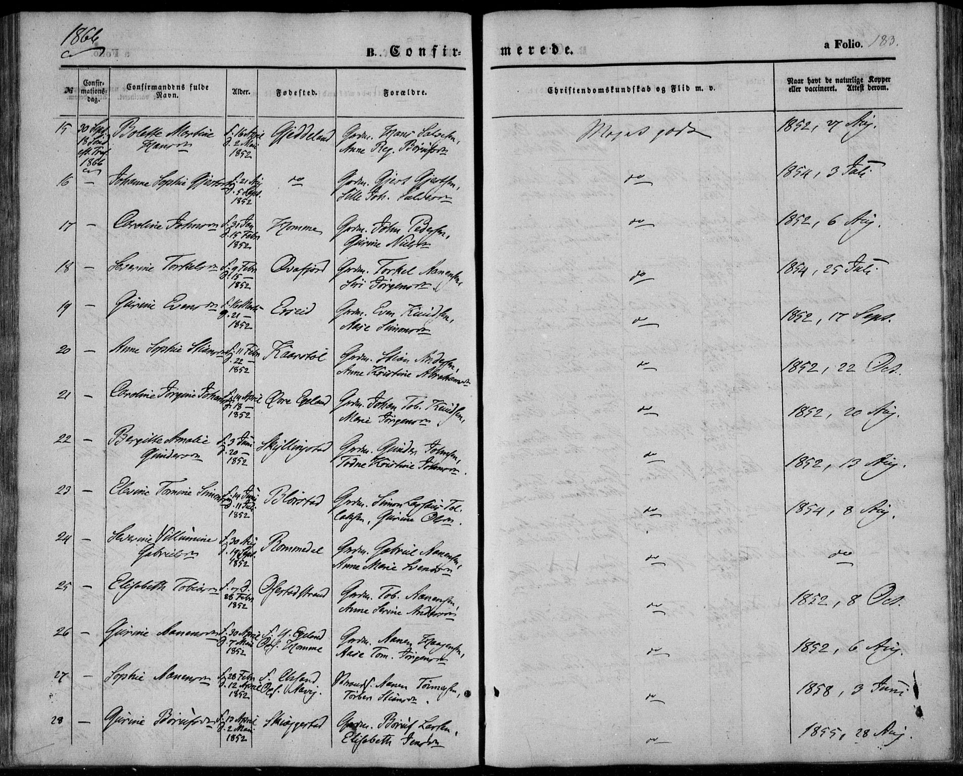 Sør-Audnedal sokneprestkontor, AV/SAK-1111-0039/F/Fa/Fab/L0007: Parish register (official) no. A 7, 1855-1876, p. 183
