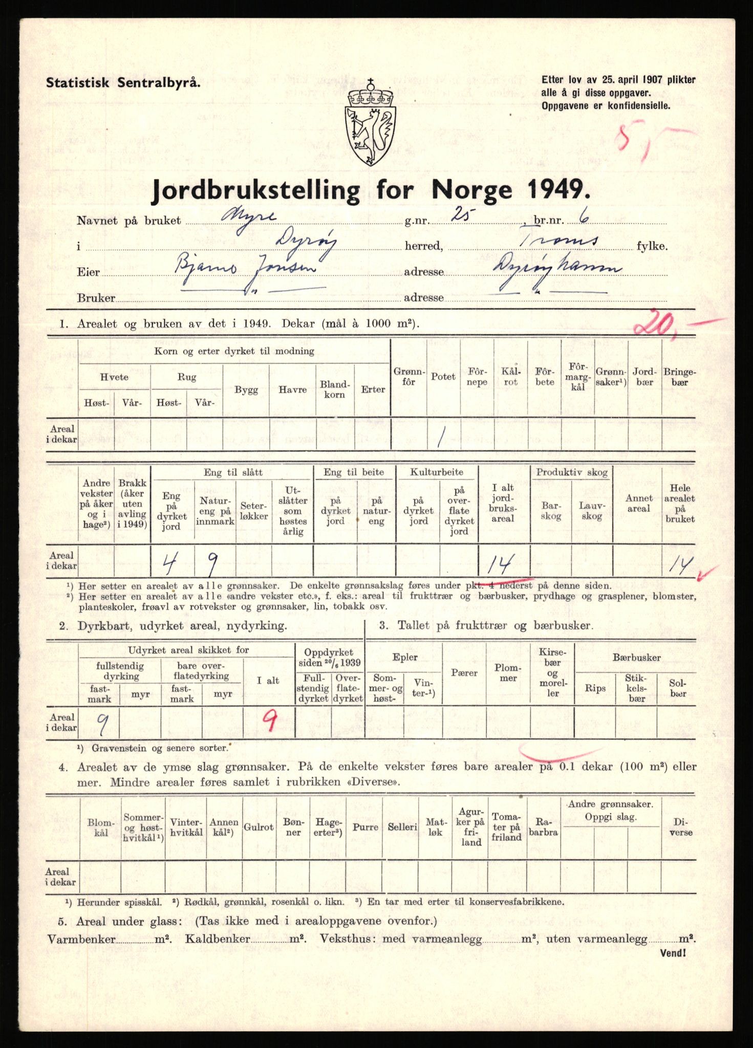 Statistisk sentralbyrå, Næringsøkonomiske emner, Jordbruk, skogbruk, jakt, fiske og fangst, AV/RA-S-2234/G/Gc/L0440: Troms: Sørreisa og Dyrøy, 1949, p. 1005