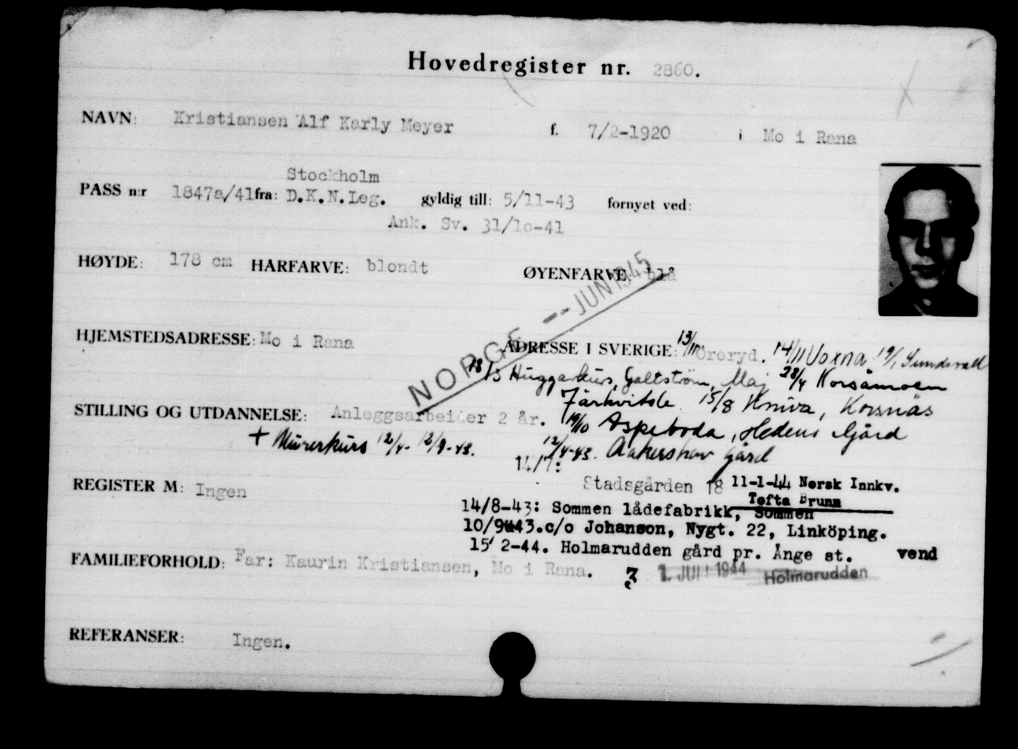 Utenriksstasjonene, Legasjonen i Stockholm, Flyktningkontoret, AV/RA-S-6753/V/Va/L0003: Kjesäterkartoteket, flyktninger med registreringsnr. 2001-3495, 1940-1945, p. 1259