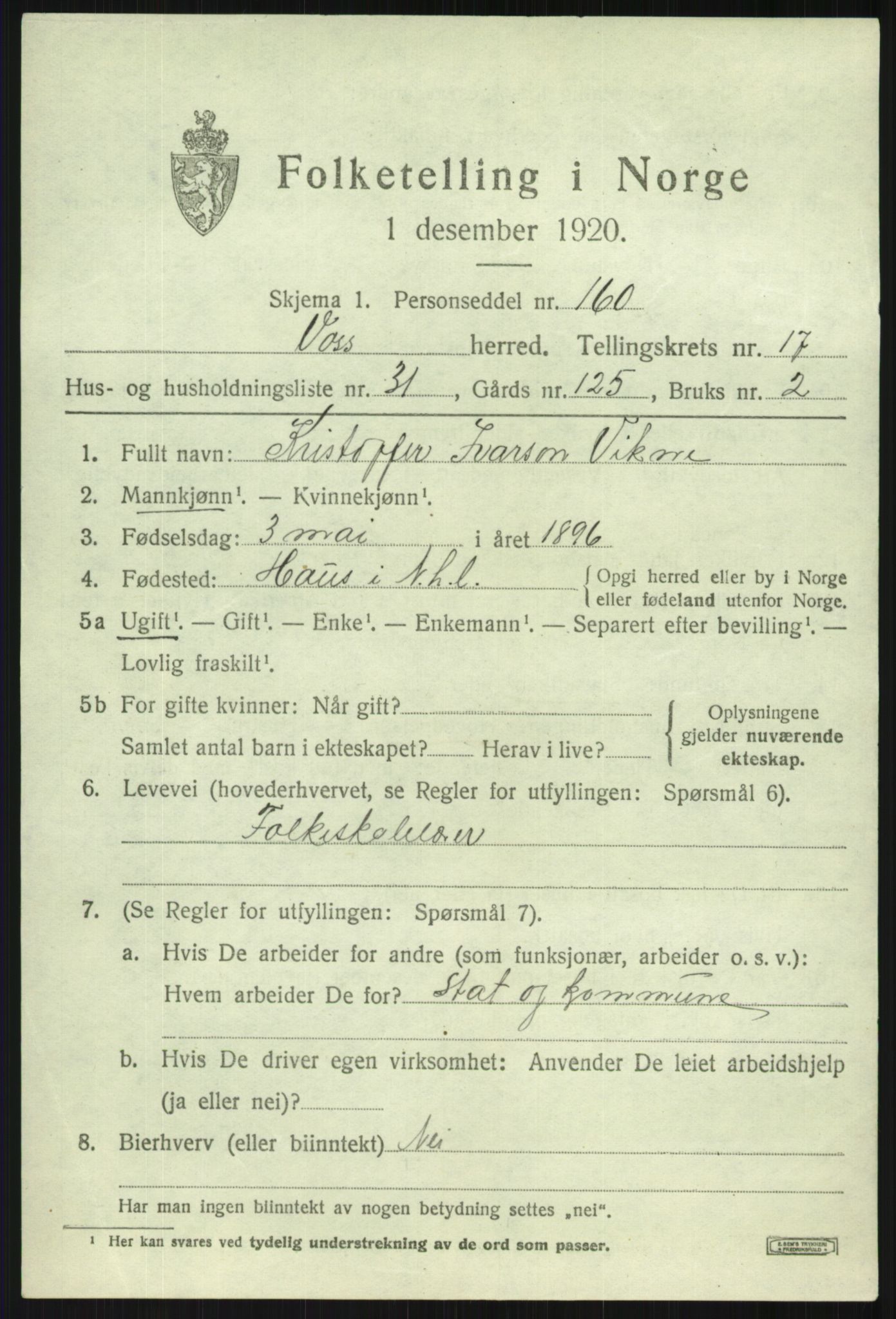 SAB, 1920 census for Voss, 1920, p. 13917