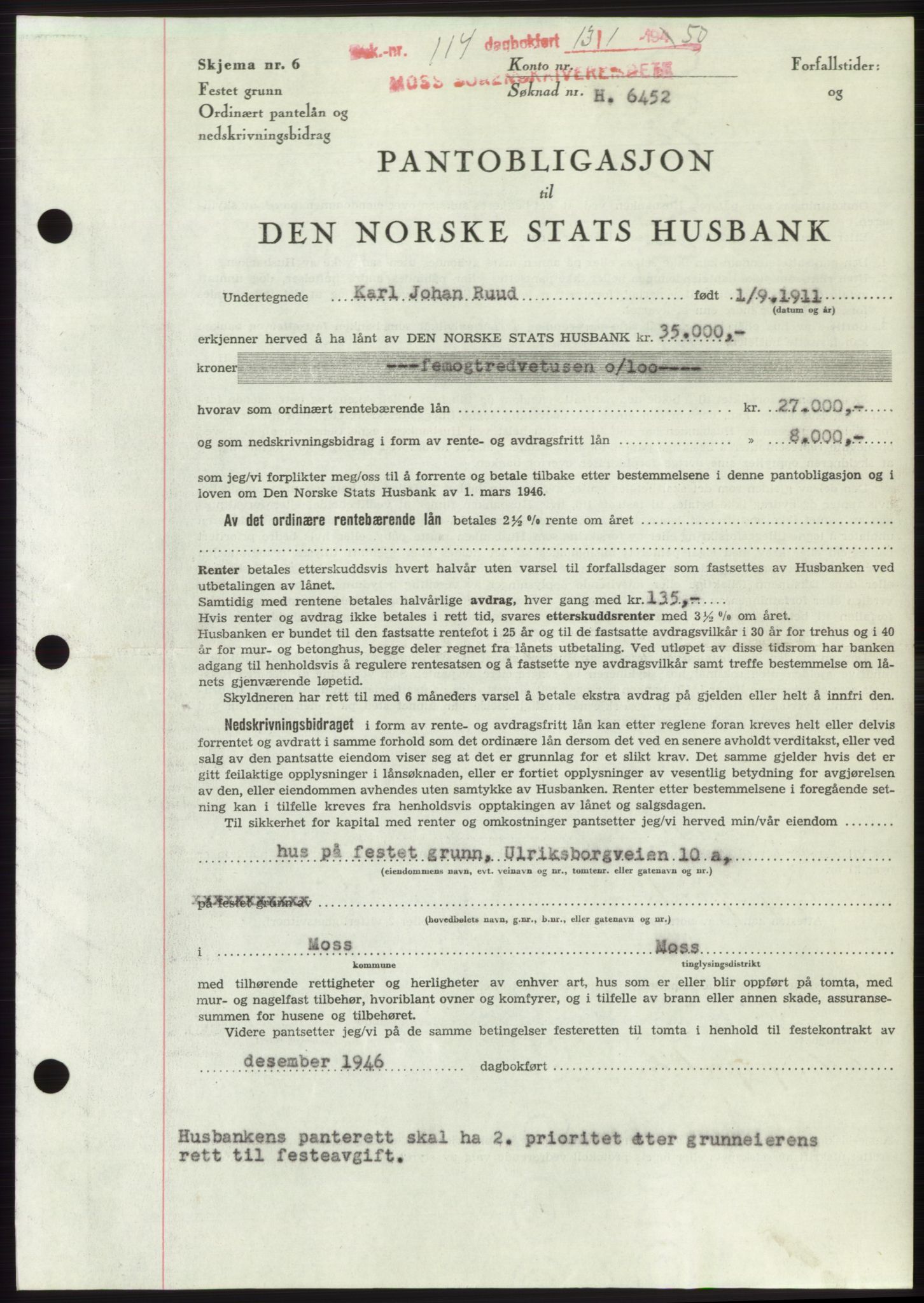Moss sorenskriveri, SAO/A-10168: Mortgage book no. B23, 1949-1950, Diary no: : 114/1950