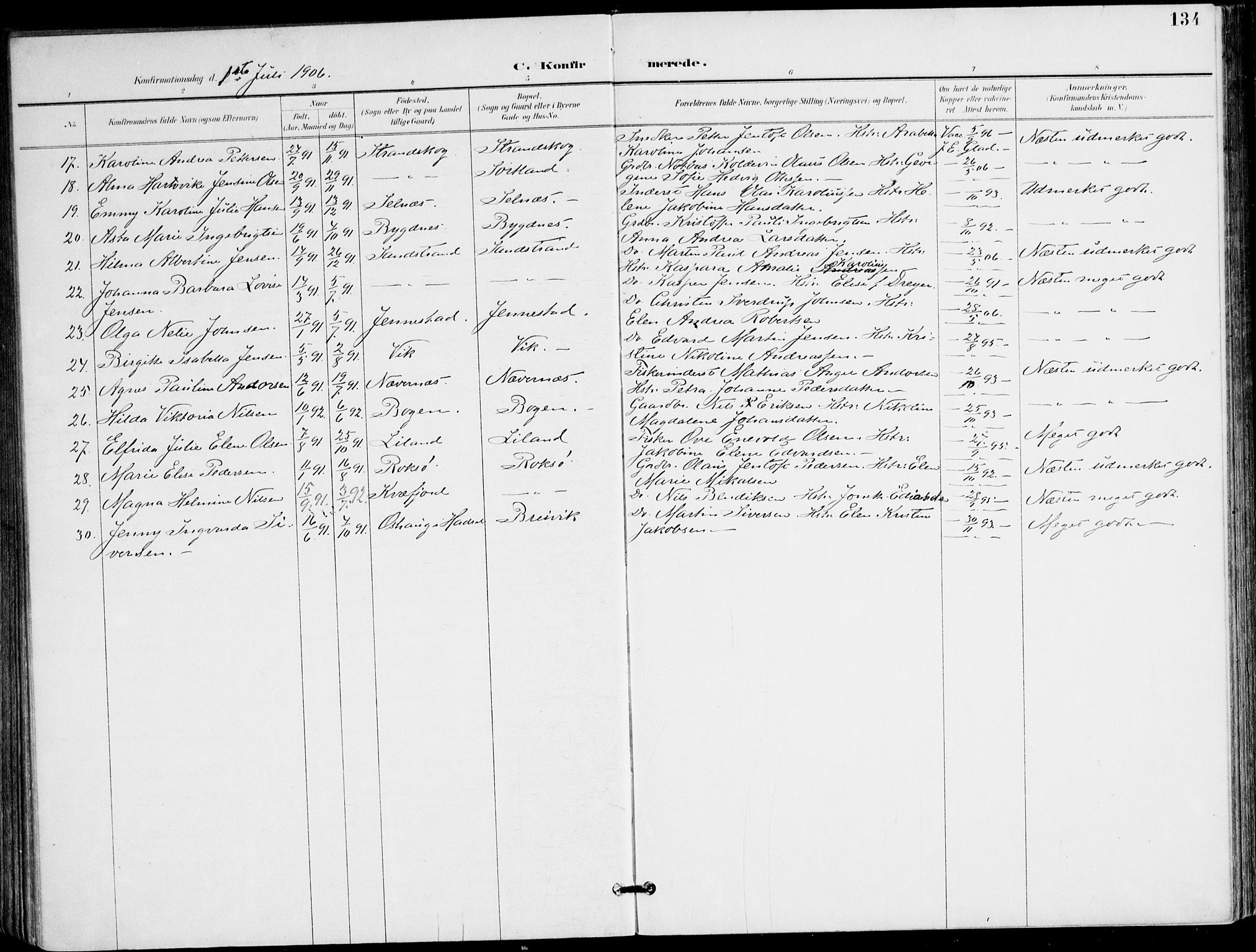 Ministerialprotokoller, klokkerbøker og fødselsregistre - Nordland, AV/SAT-A-1459/895/L1372: Parish register (official) no. 895A07, 1894-1914, p. 134