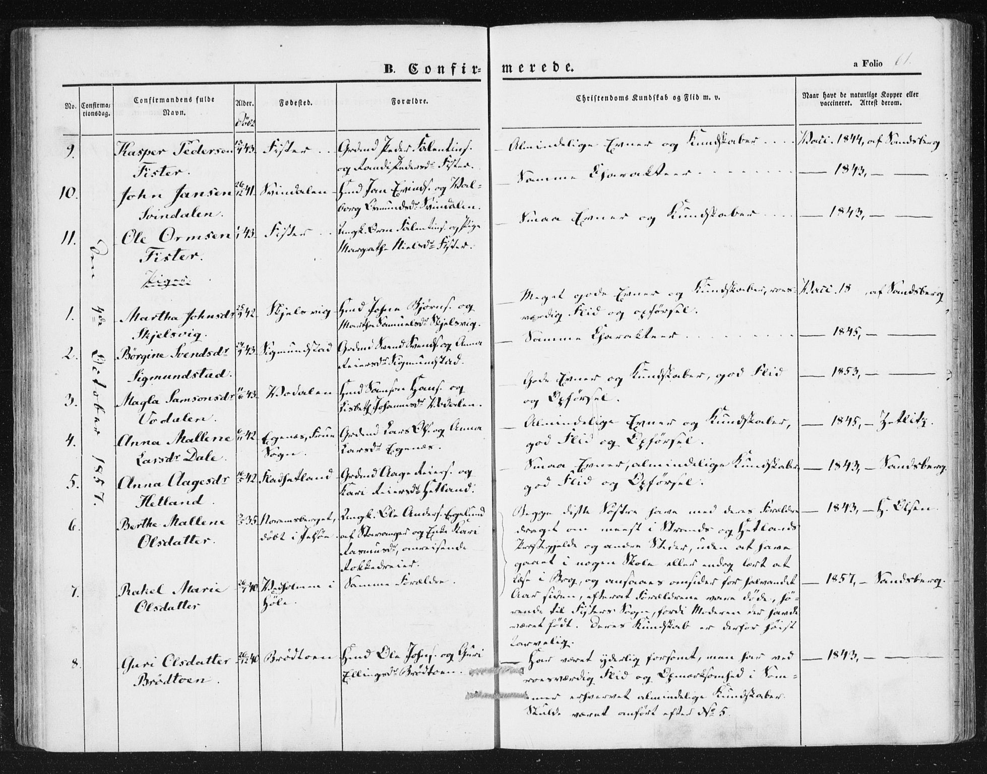 Hjelmeland sokneprestkontor, SAST/A-101843/01/IV/L0010: Parish register (official) no. A 10, 1851-1871, p. 61