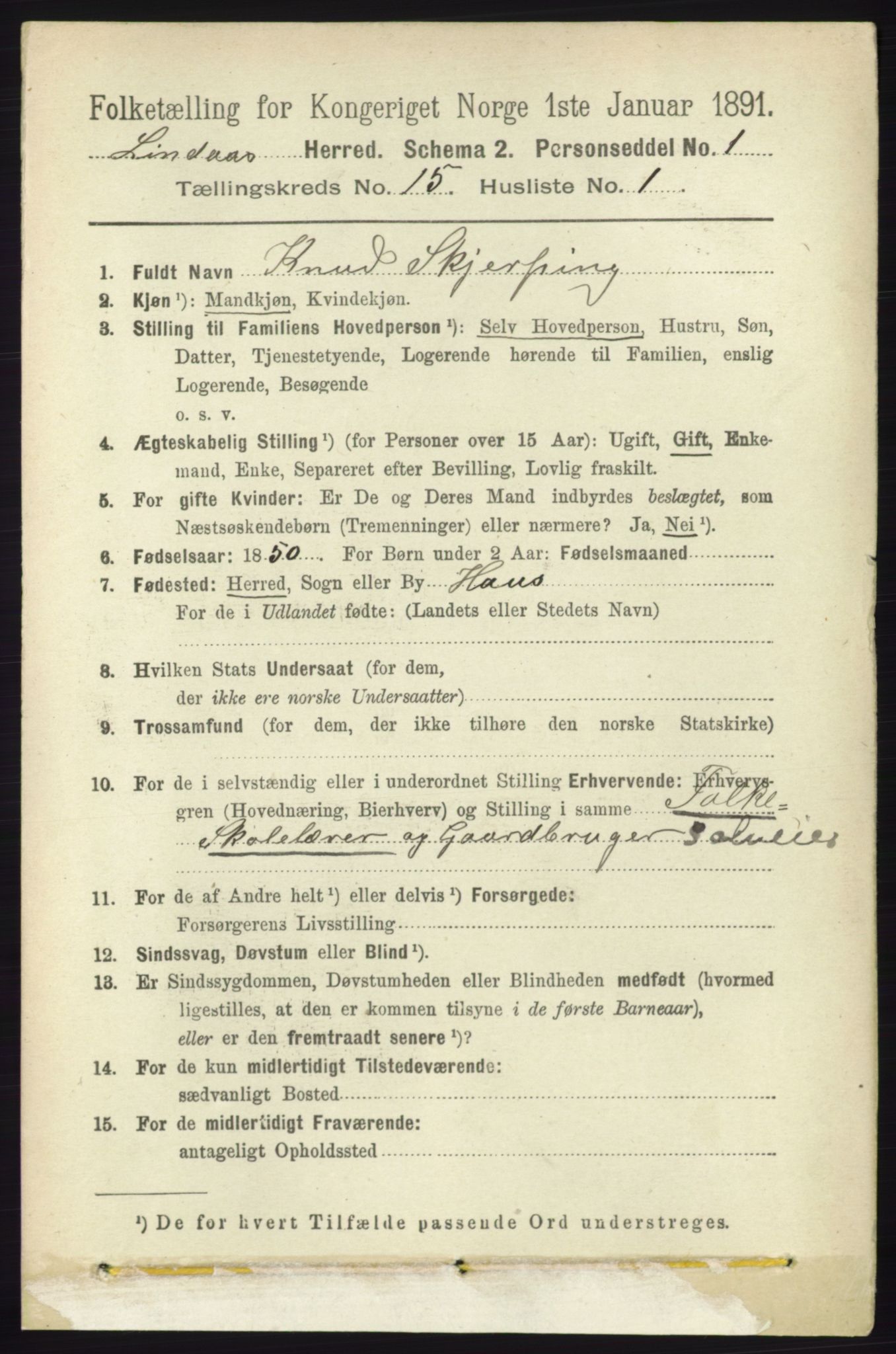 RA, 1891 census for 1263 Lindås, 1891, p. 5275