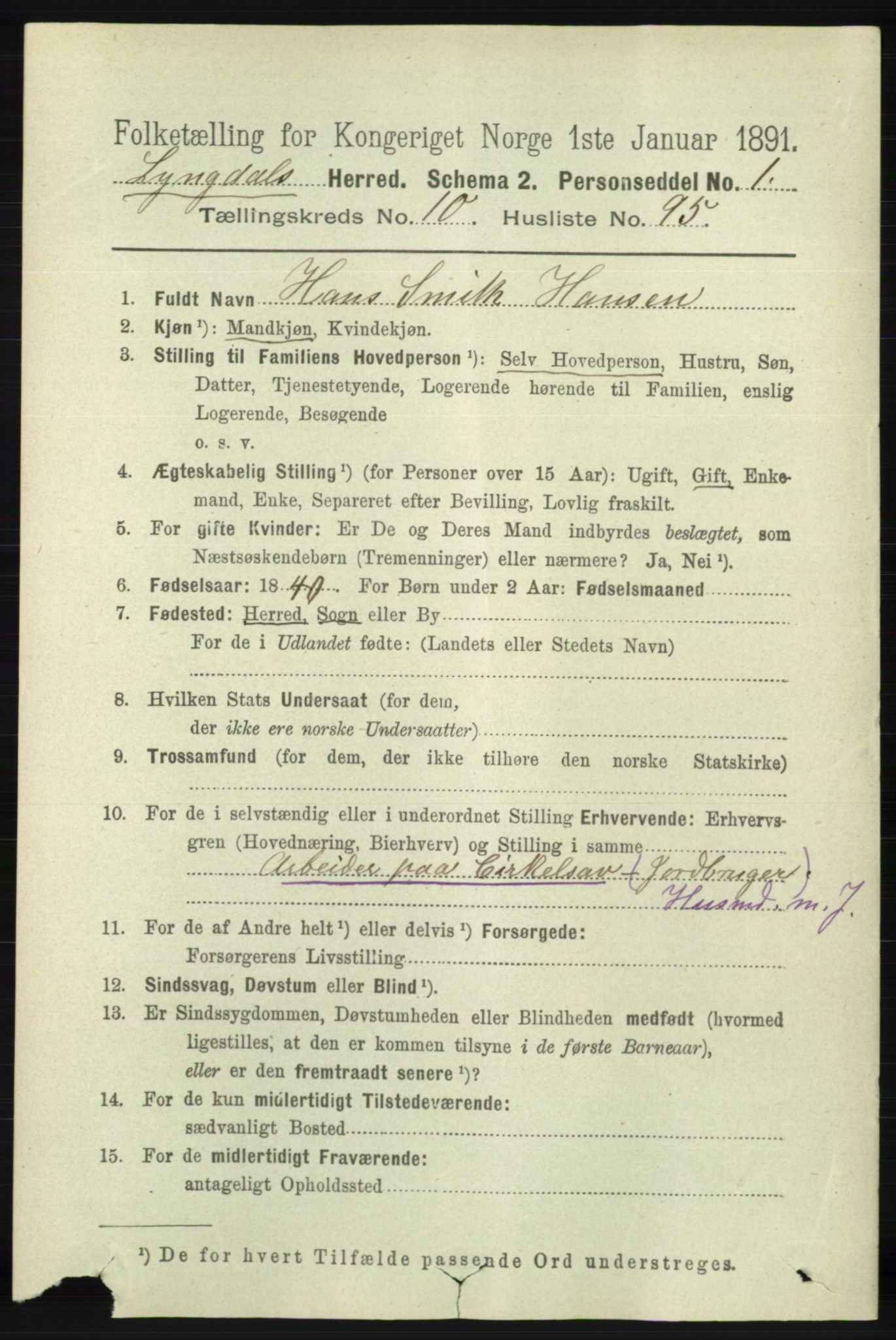 RA, 1891 census for 1032 Lyngdal, 1891, p. 4726