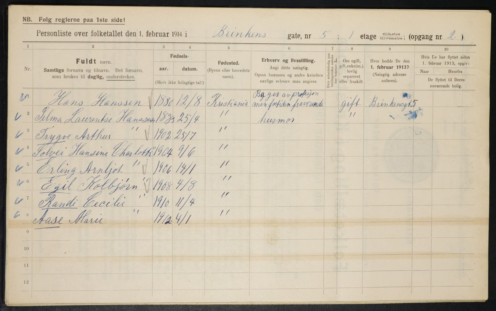 OBA, Municipal Census 1914 for Kristiania, 1914, p. 8843