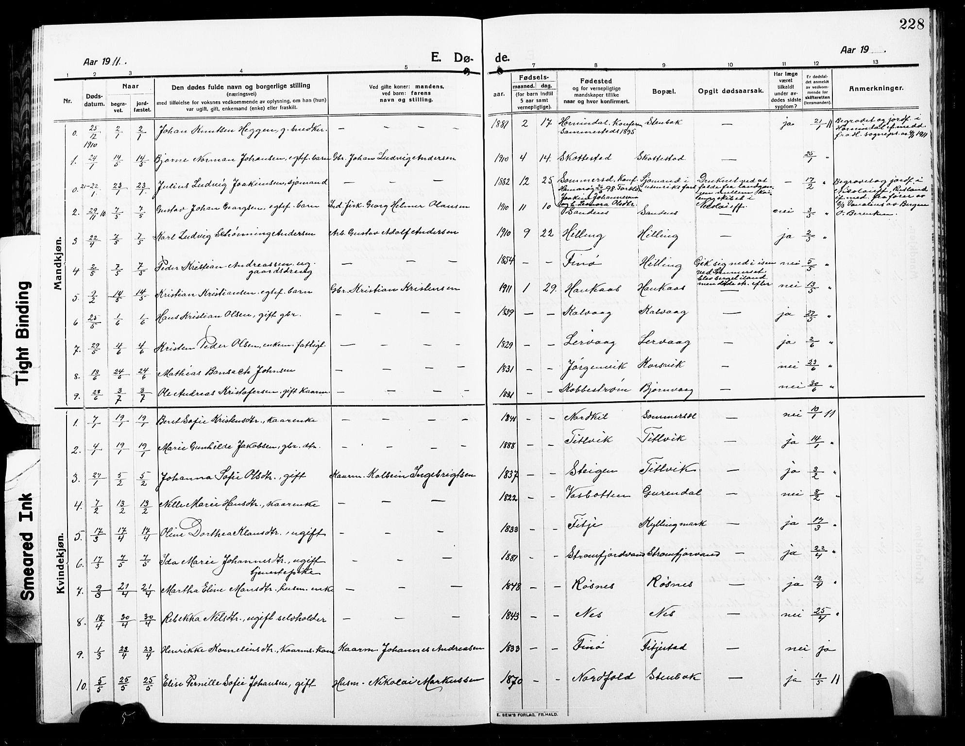 Ministerialprotokoller, klokkerbøker og fødselsregistre - Nordland, SAT/A-1459/859/L0861: Parish register (copy) no. 859C07, 1910-1925, p. 228