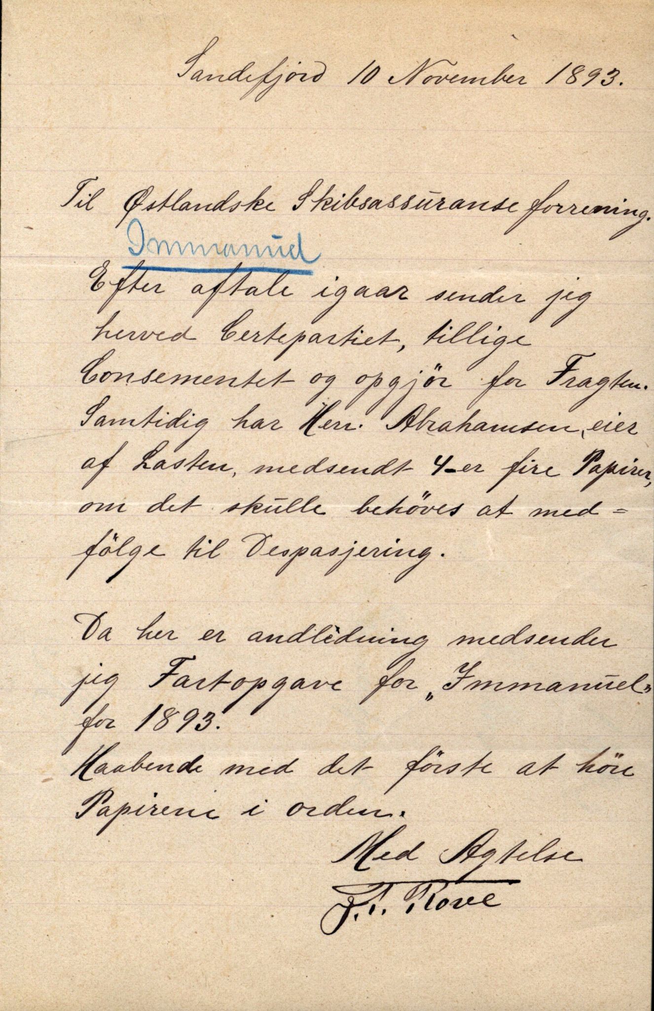 Pa 63 - Østlandske skibsassuranceforening, VEMU/A-1079/G/Ga/L0030/0005: Havaridokumenter / Imanuel, Jury, Nyborg, Vebo, 1893, p. 2