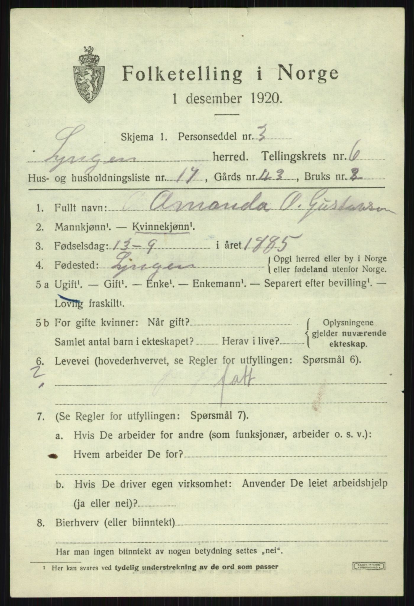 SATØ, 1920 census for Lyngen, 1920, p. 6742