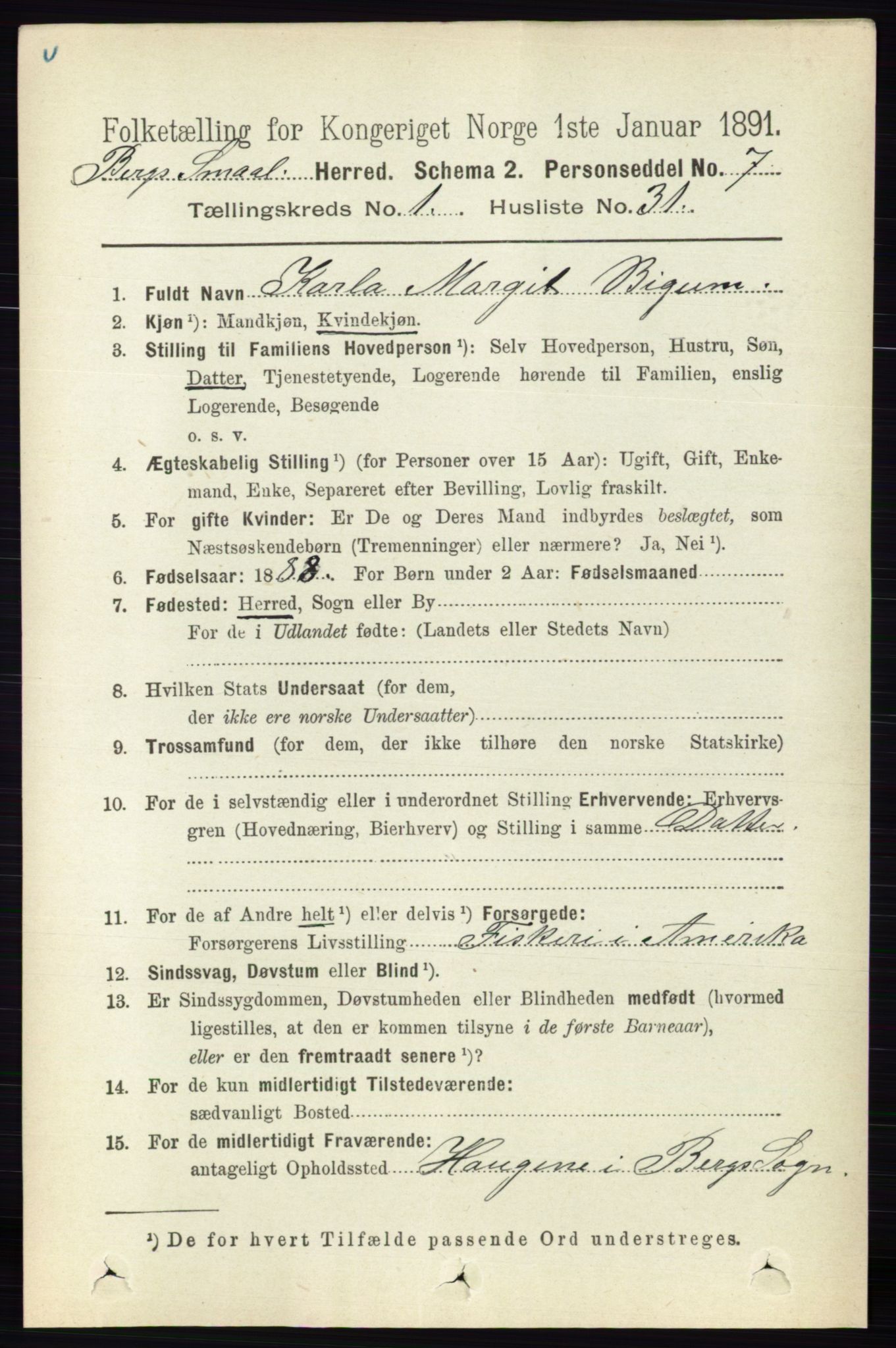 RA, 1891 census for 0116 Berg, 1891, p. 331