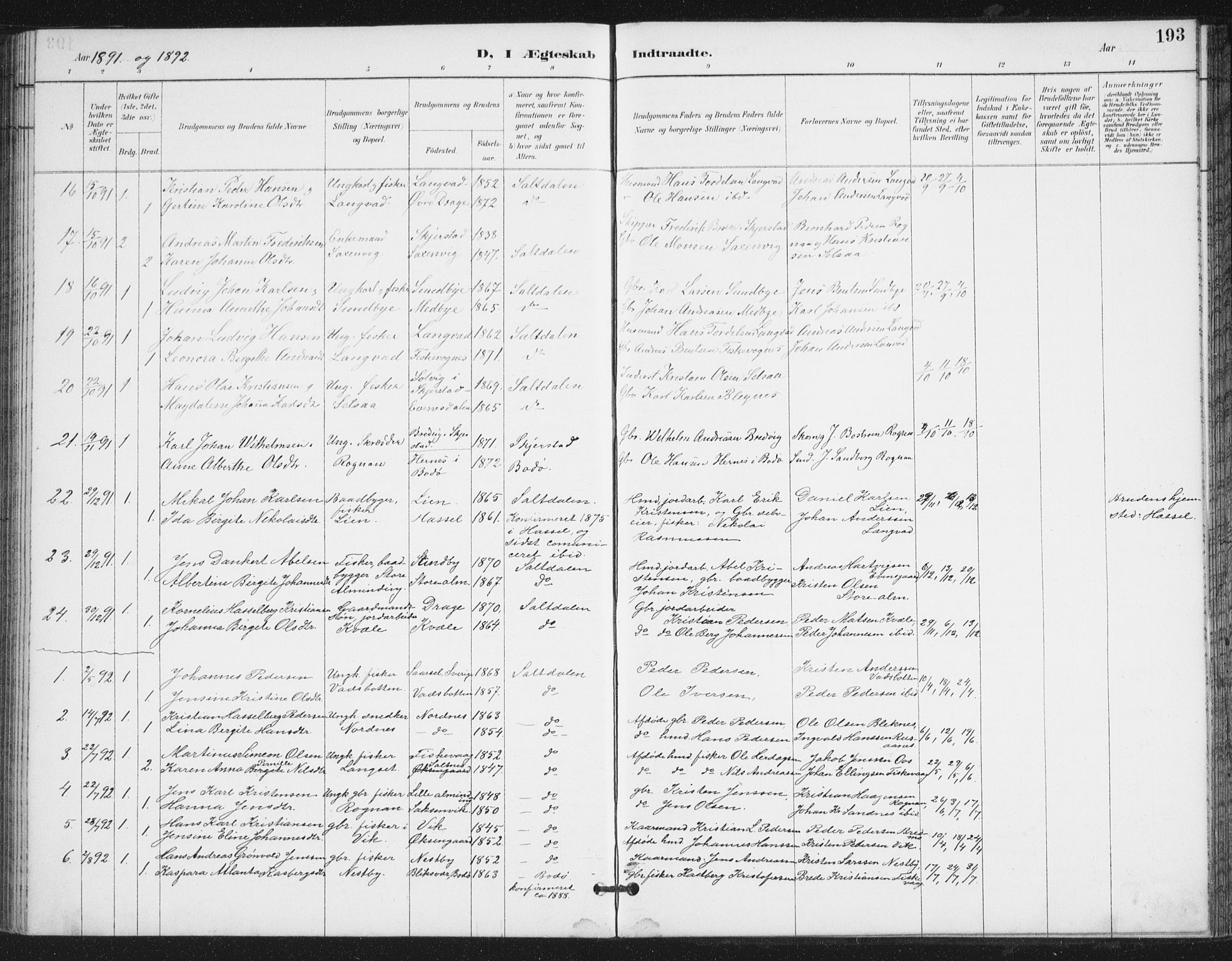 Ministerialprotokoller, klokkerbøker og fødselsregistre - Nordland, SAT/A-1459/847/L0682: Parish register (copy) no. 847C10, 1889-1907, p. 193