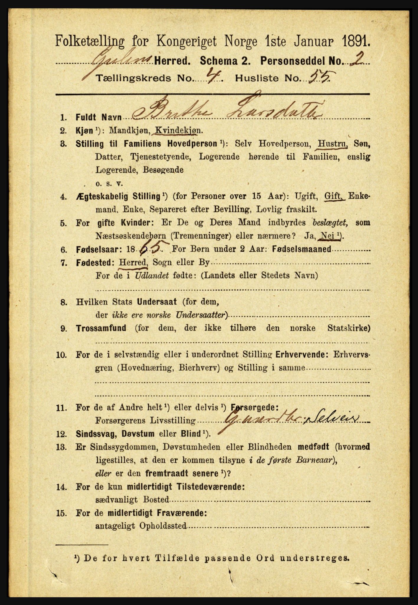 RA, 1891 census for 1411 Gulen, 1891, p. 1608