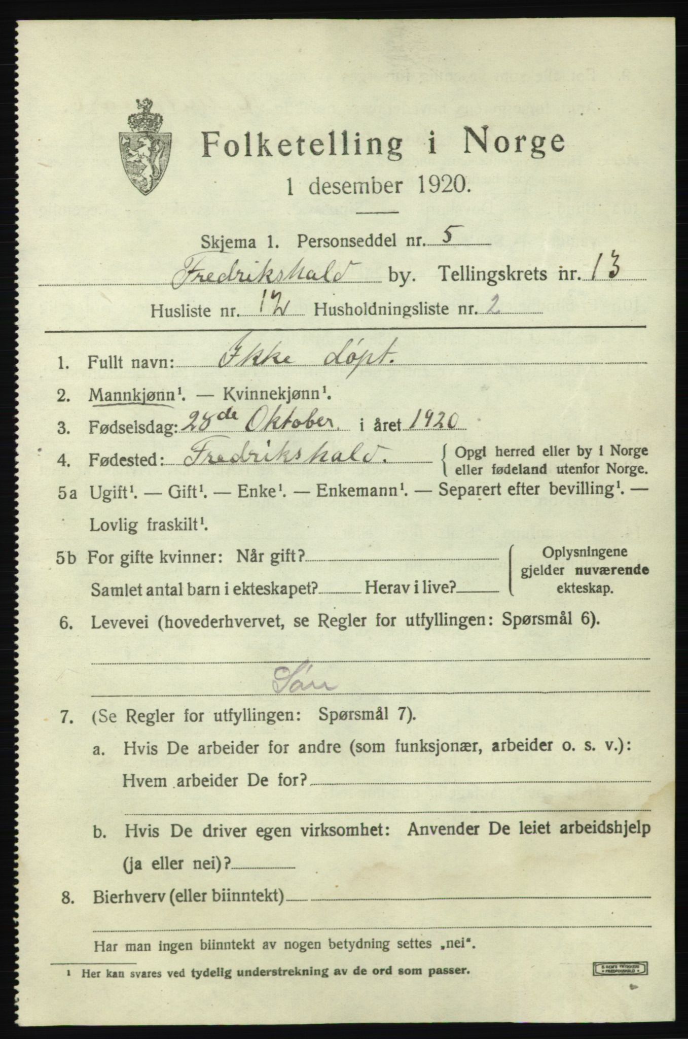 SAO, 1920 census for Fredrikshald, 1920, p. 20878