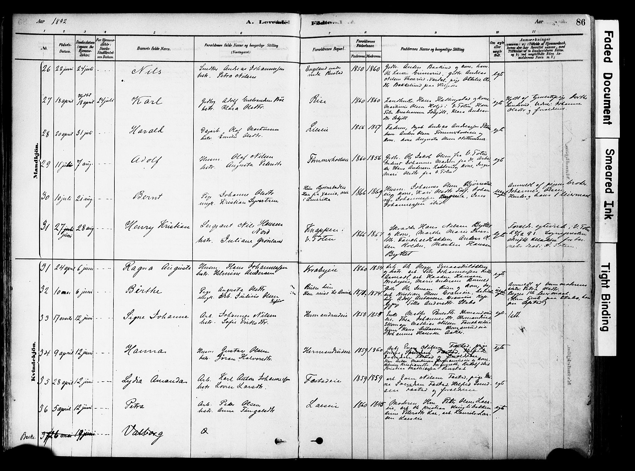 Østre Toten prestekontor, SAH/PREST-104/H/Ha/Haa/L0006: Parish register (official) no. 6 /1, 1878-1896, p. 86