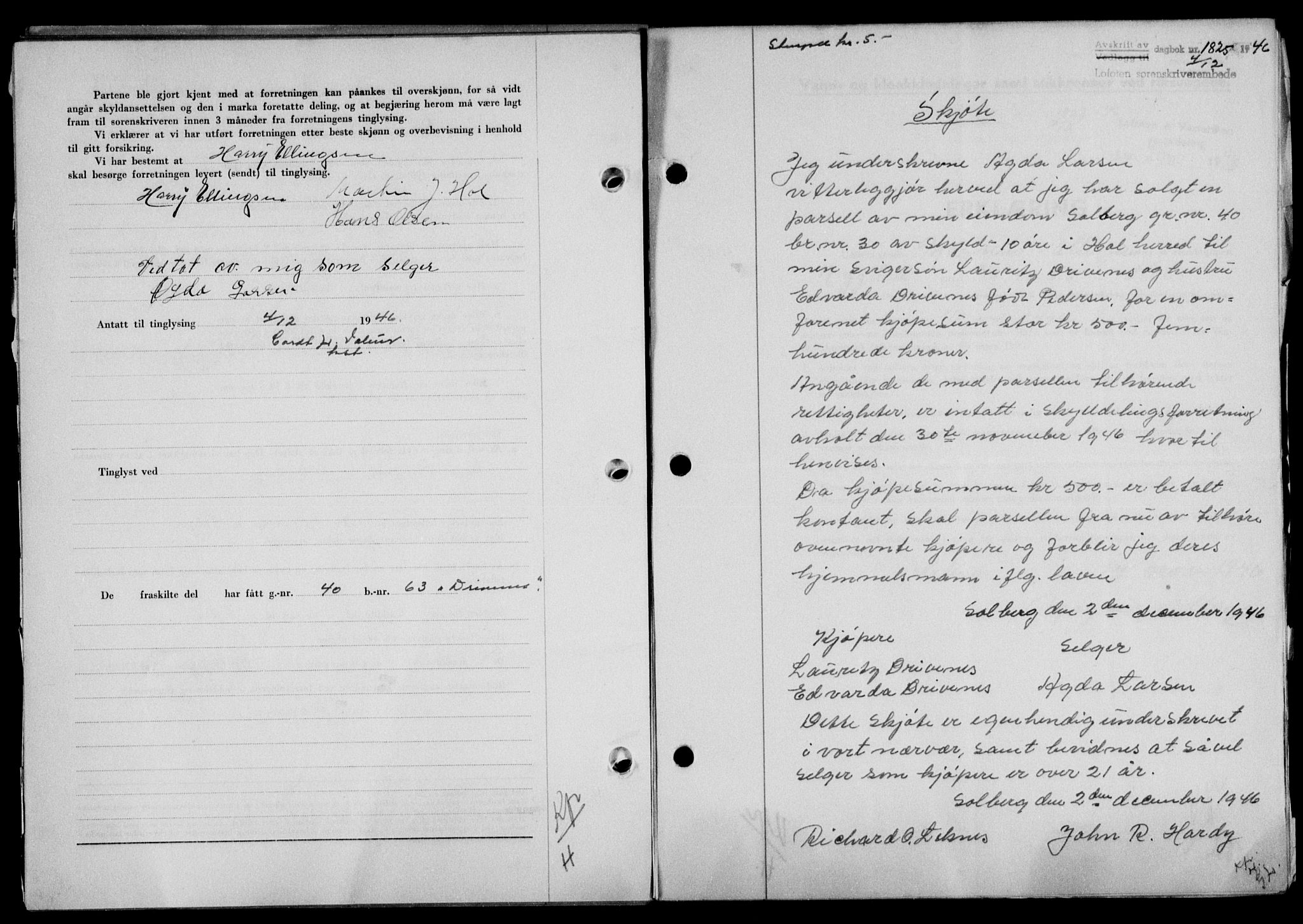 Lofoten sorenskriveri, SAT/A-0017/1/2/2C/L0015a: Mortgage book no. 15a, 1946-1947, Diary no: : 1825/1946