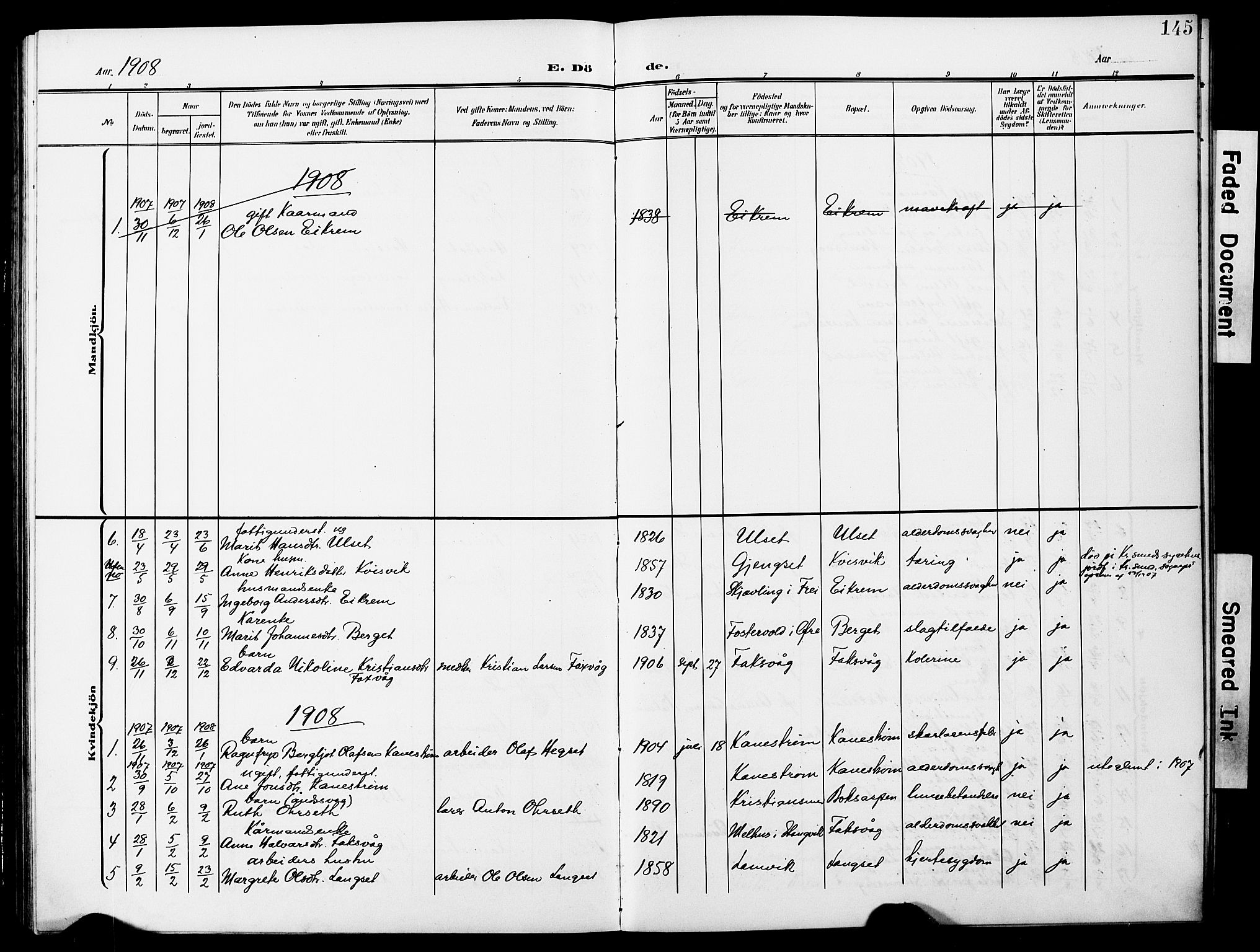 Ministerialprotokoller, klokkerbøker og fødselsregistre - Møre og Romsdal, AV/SAT-A-1454/587/L1001: Parish register (copy) no. 587C01, 1906-1927, p. 145