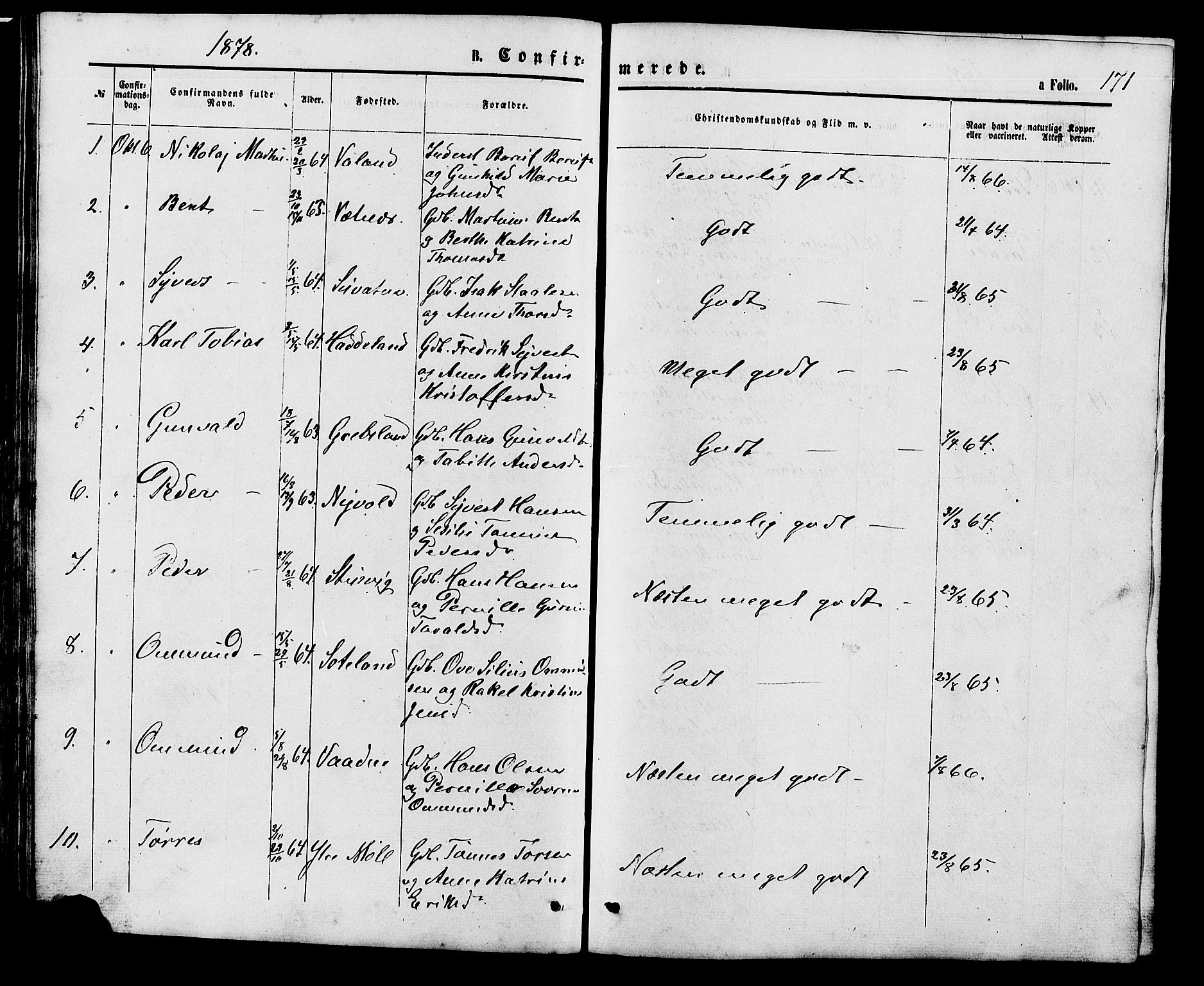 Holum sokneprestkontor, SAK/1111-0022/F/Fb/Fba/L0004: Parish register (copy) no. B 4, 1867-1890, p. 171