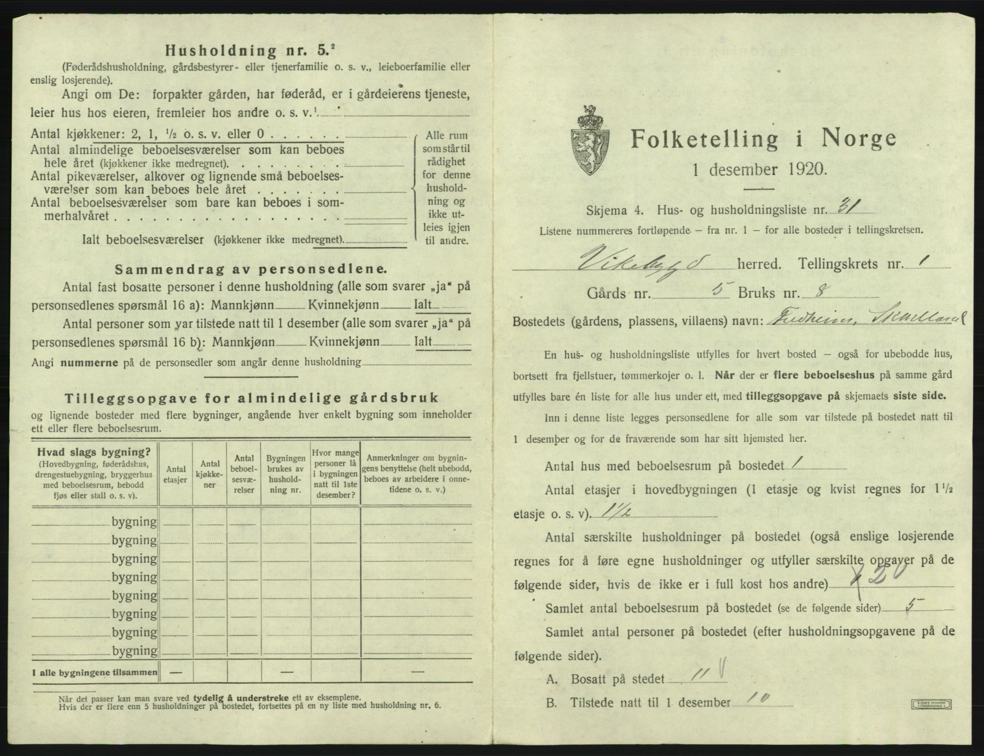 SAB, 1920 census for Vikebygd, 1920, p. 92