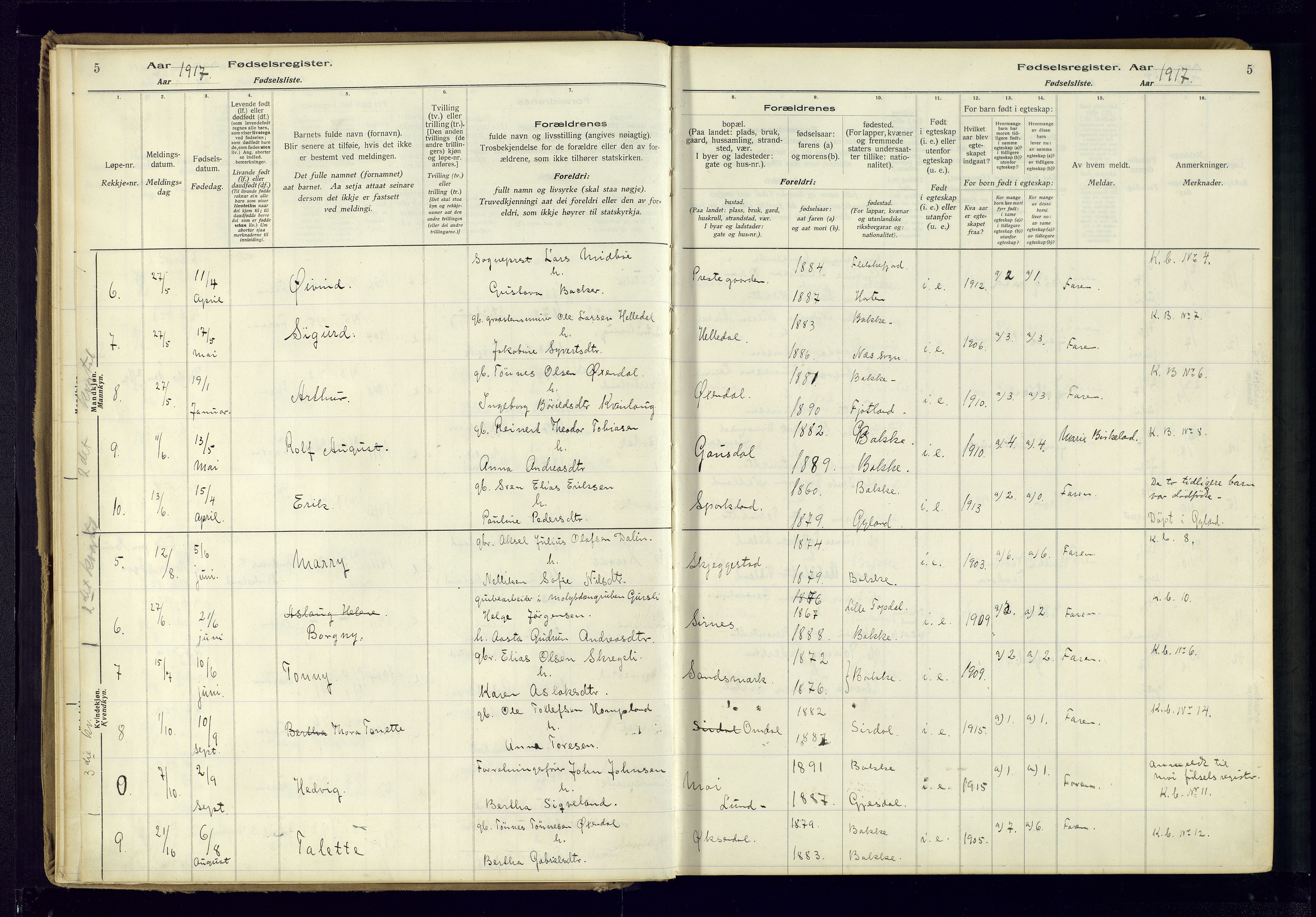 Bakke sokneprestkontor, SAK/1111-0002/J/Ja/L0001: Birth register no. A-VI-18, 1916-1982, p. 5