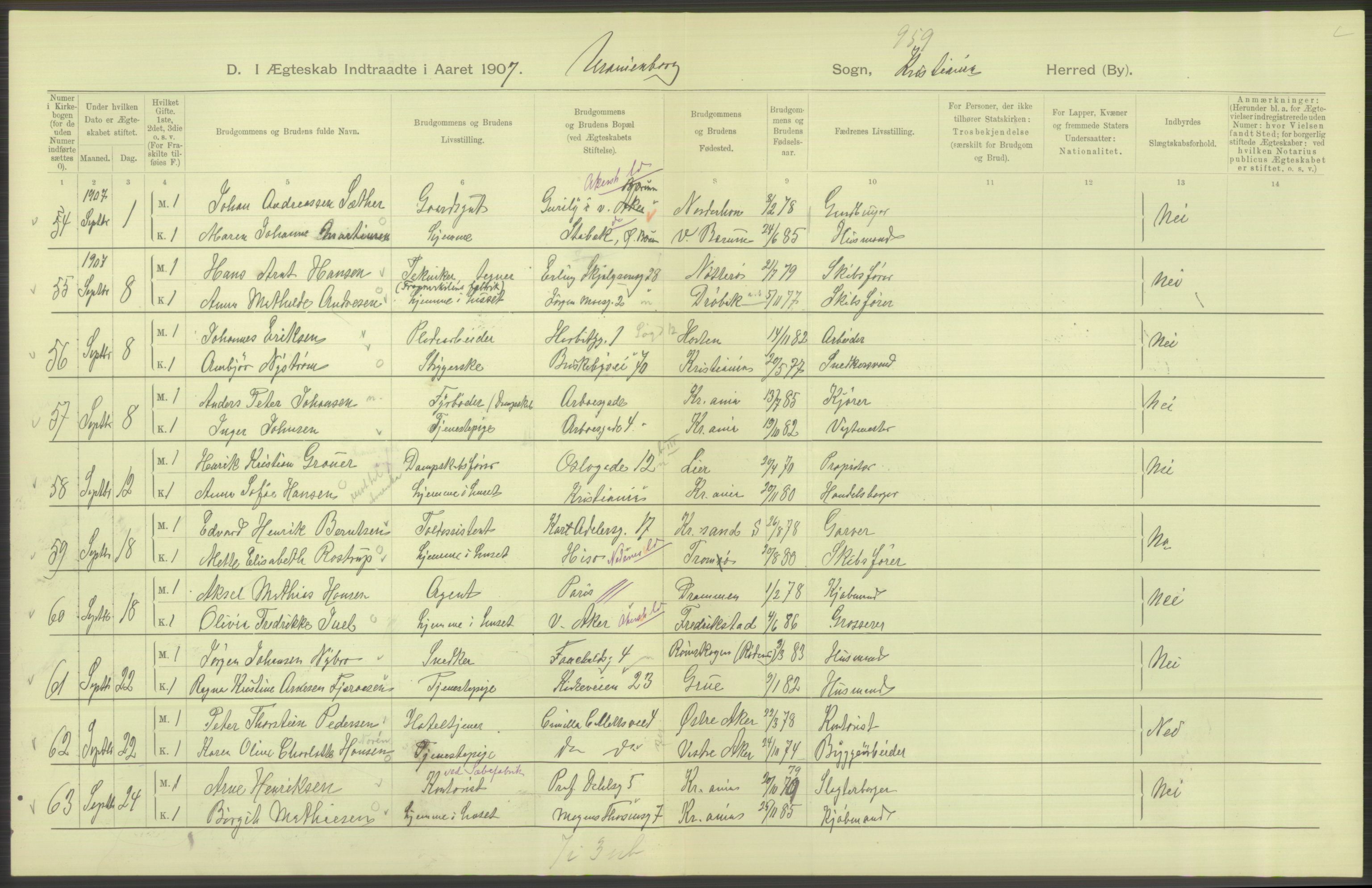 Statistisk sentralbyrå, Sosiodemografiske emner, Befolkning, AV/RA-S-2228/D/Df/Dfa/Dfae/L0008: Kristiania: Gifte, 1907, p. 532