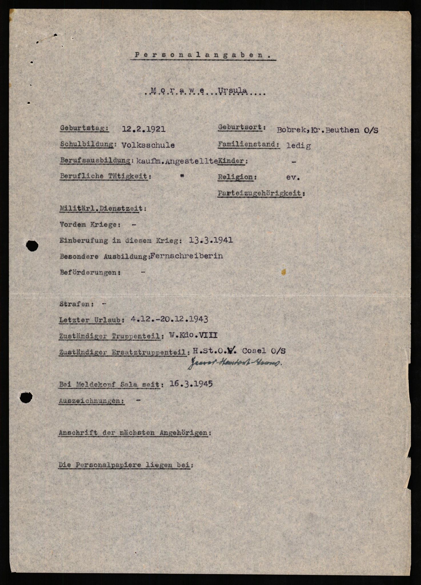 Forsvaret, Forsvarets overkommando II, RA/RAFA-3915/D/Db/L0022: CI Questionaires. Tyske okkupasjonsstyrker i Norge. Tyskere., 1945-1946, p. 211