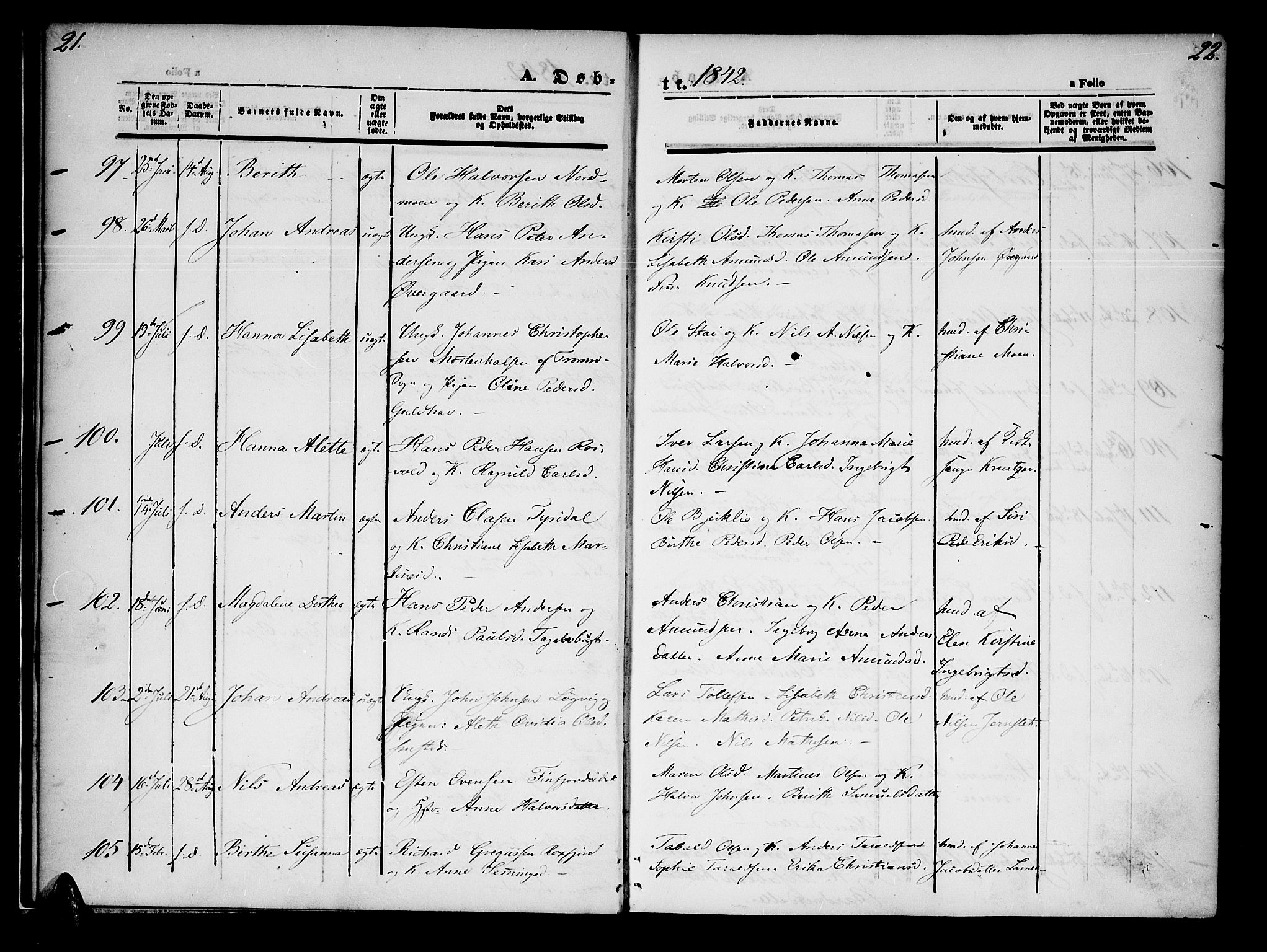 Lenvik sokneprestembete, SATØ/S-1310/H/Ha/Haa/L0005kirke: Parish register (official) no. 5, 1842-1844, p. 21-22