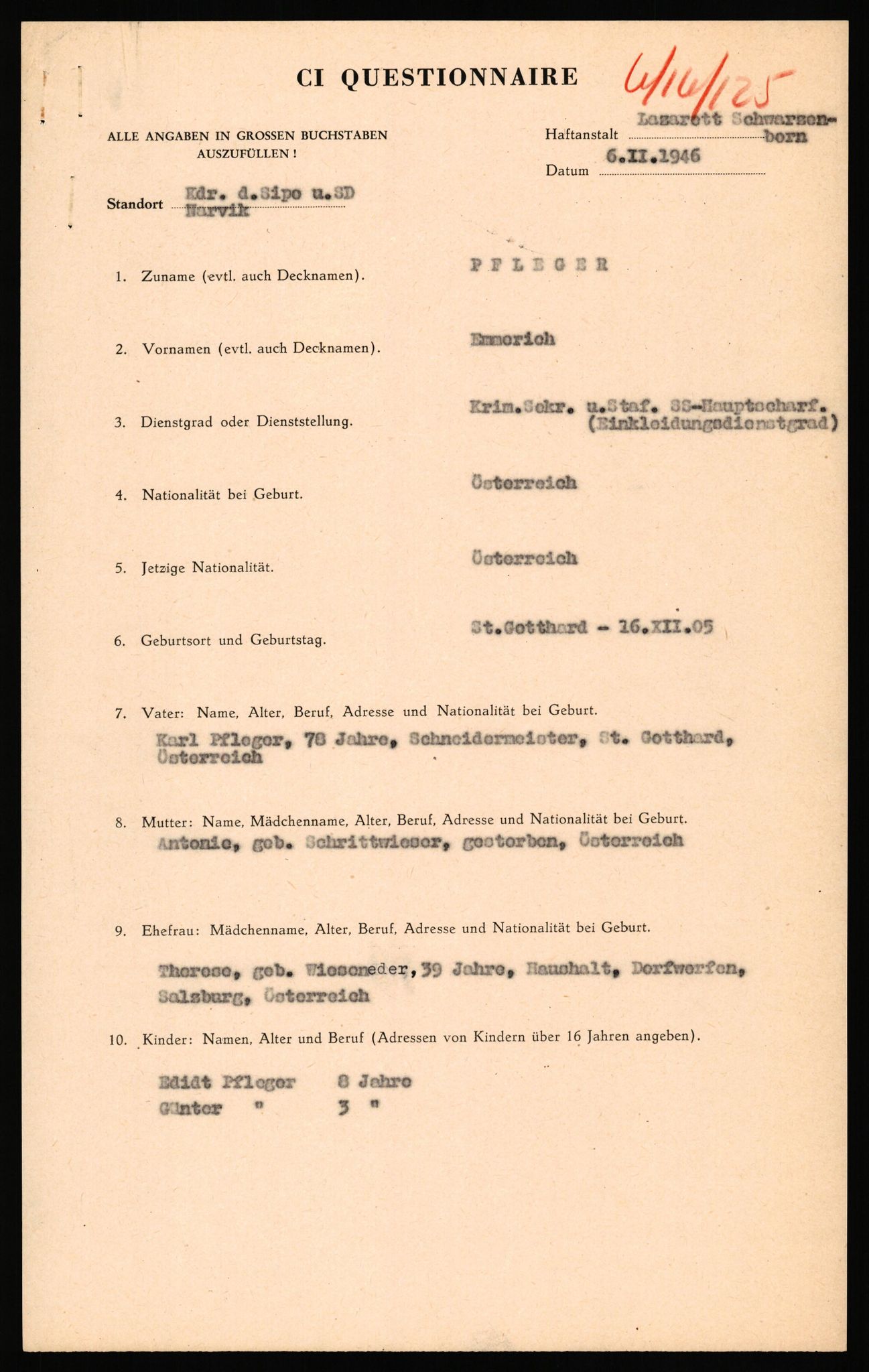 Forsvaret, Forsvarets overkommando II, AV/RA-RAFA-3915/D/Db/L0040: CI Questionaires. Tyske okkupasjonsstyrker i Norge. Østerrikere., 1945-1946, p. 28