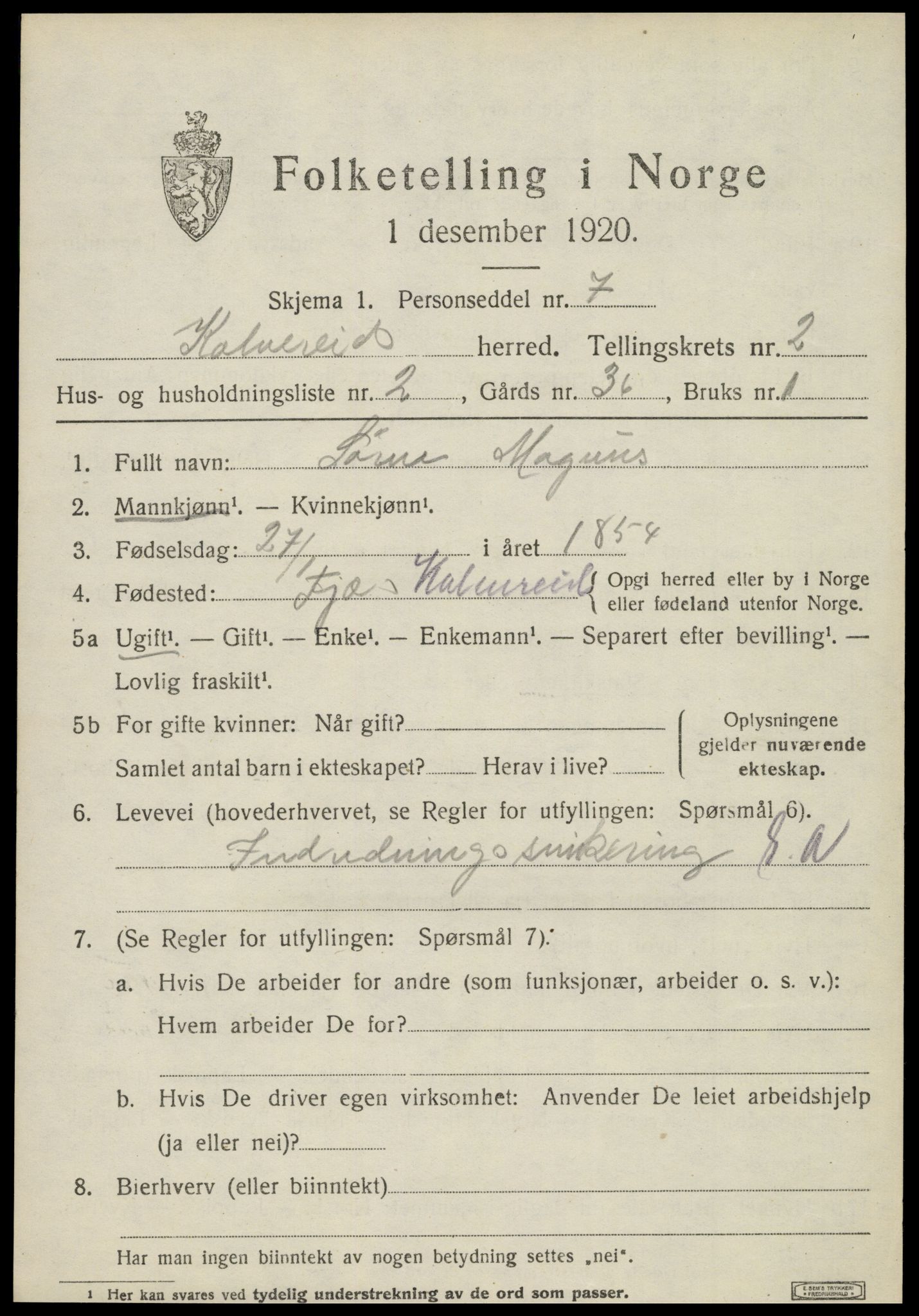 SAT, 1920 census for Kolvereid, 1920, p. 1519