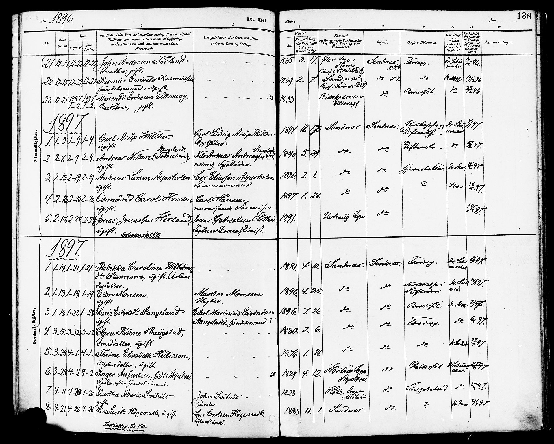 Høyland sokneprestkontor, SAST/A-101799/001/30BA/L0014: Parish register (official) no. A 12, 1890-1898, p. 138