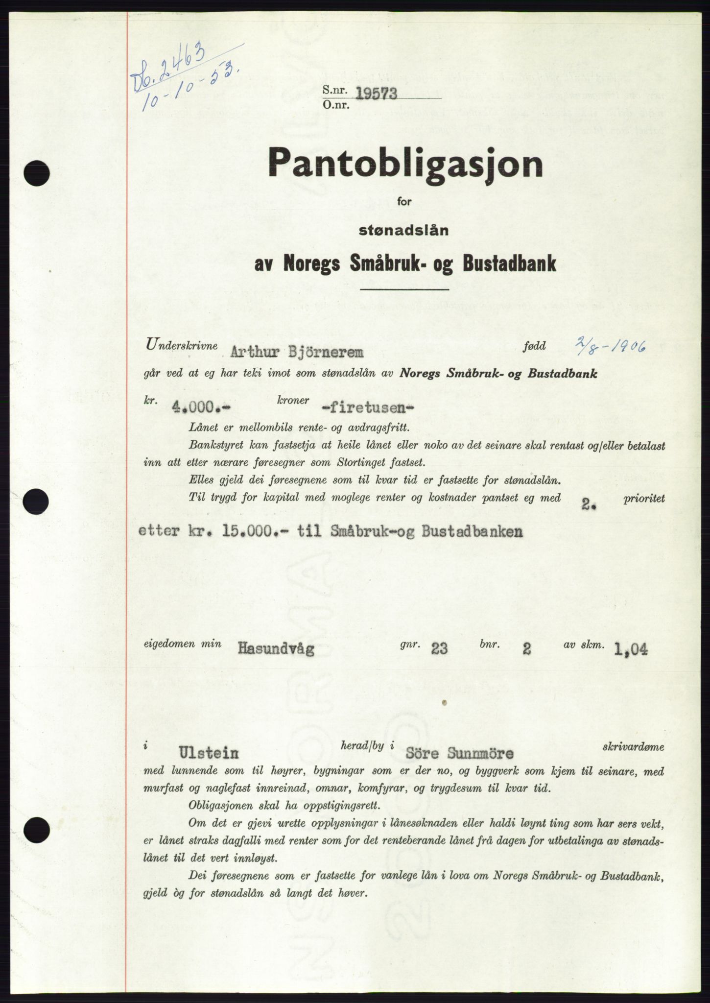 Søre Sunnmøre sorenskriveri, AV/SAT-A-4122/1/2/2C/L0124: Mortgage book no. 12B, 1953-1954, Diary no: : 2463/1953