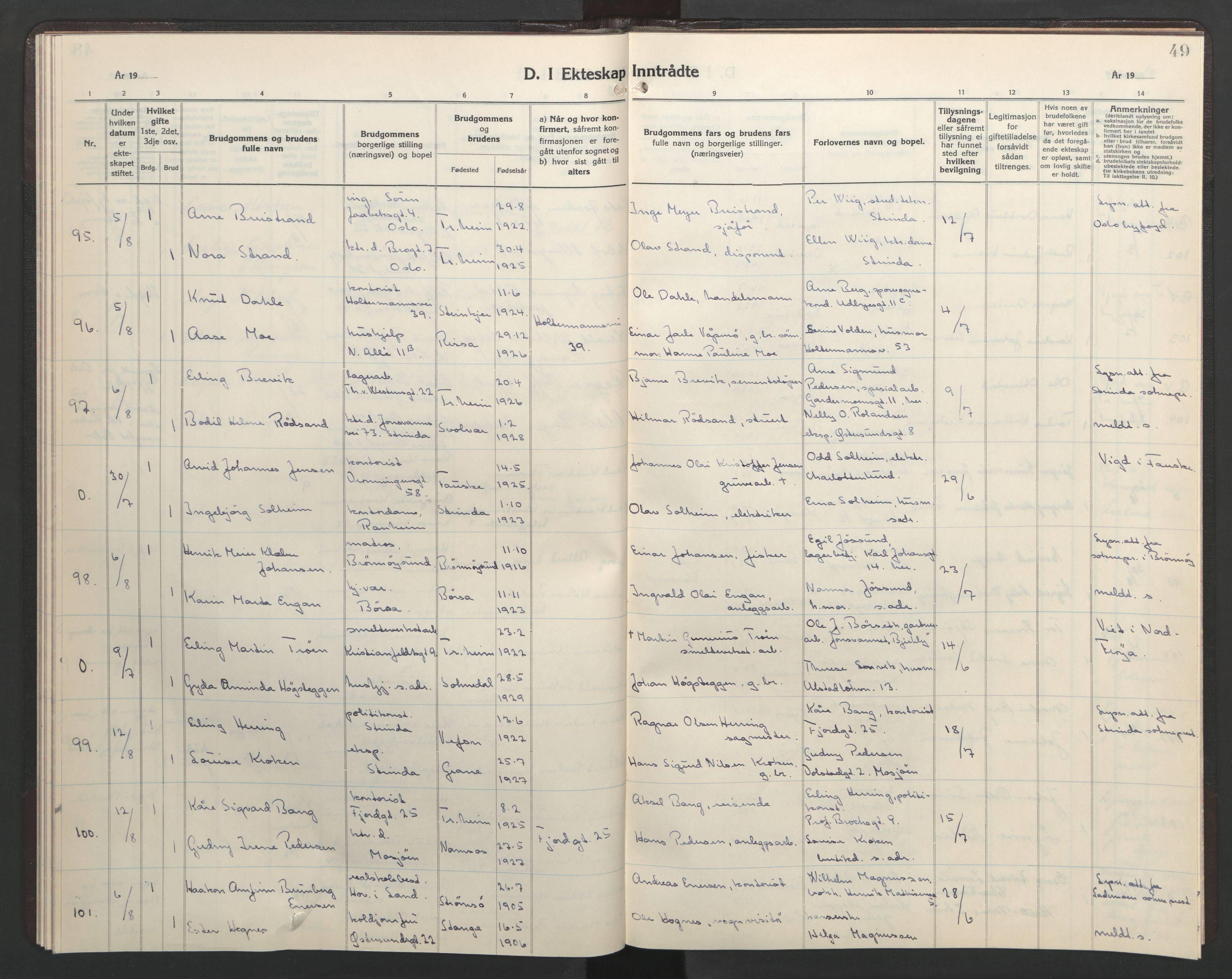 Ministerialprotokoller, klokkerbøker og fødselsregistre - Sør-Trøndelag, AV/SAT-A-1456/602/L0155: Parish register (copy) no. 602C23, 1947-1950, p. 49