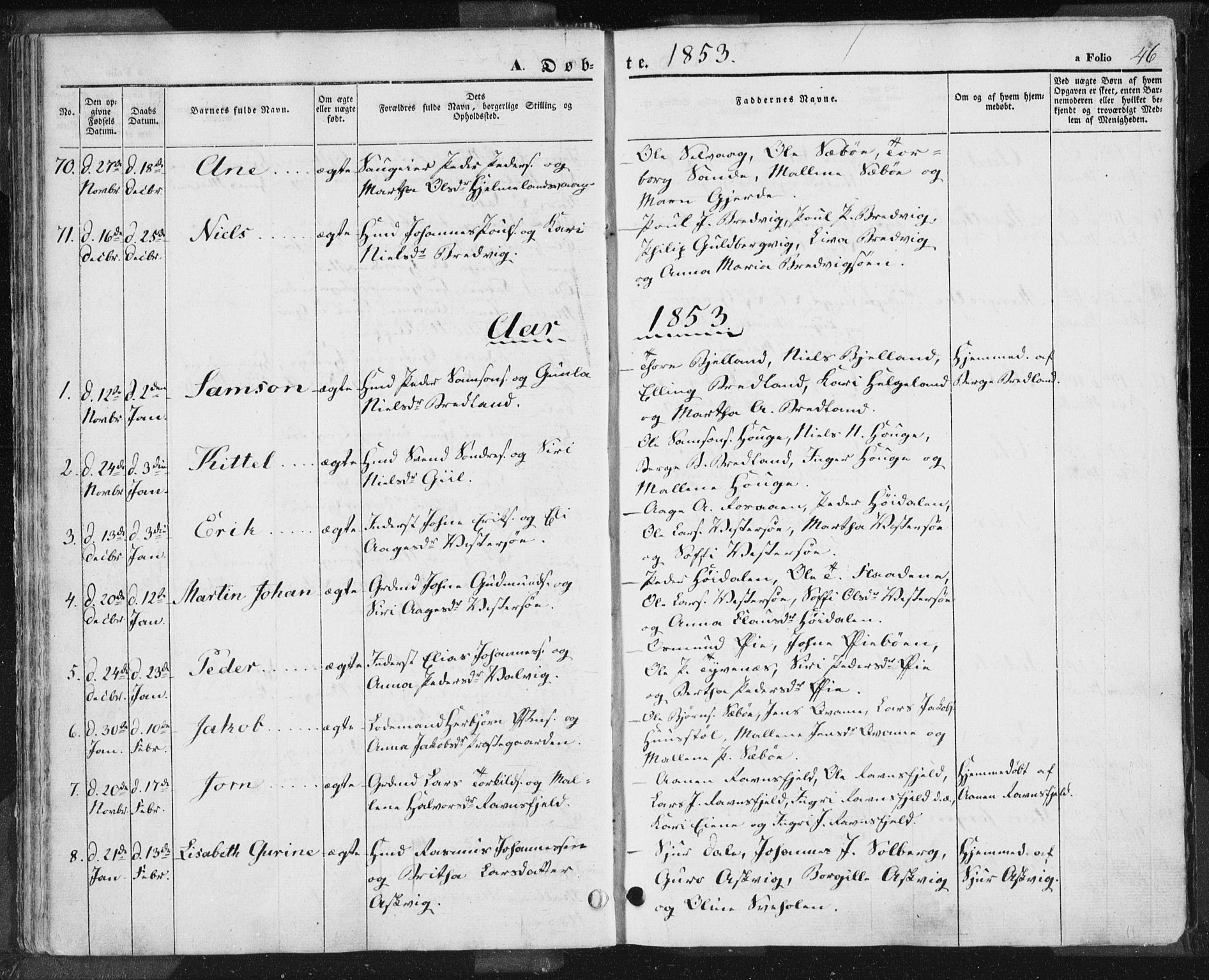 Hjelmeland sokneprestkontor, AV/SAST-A-101843/01/IV/L0009: Parish register (official) no. A 9, 1846-1860, p. 46