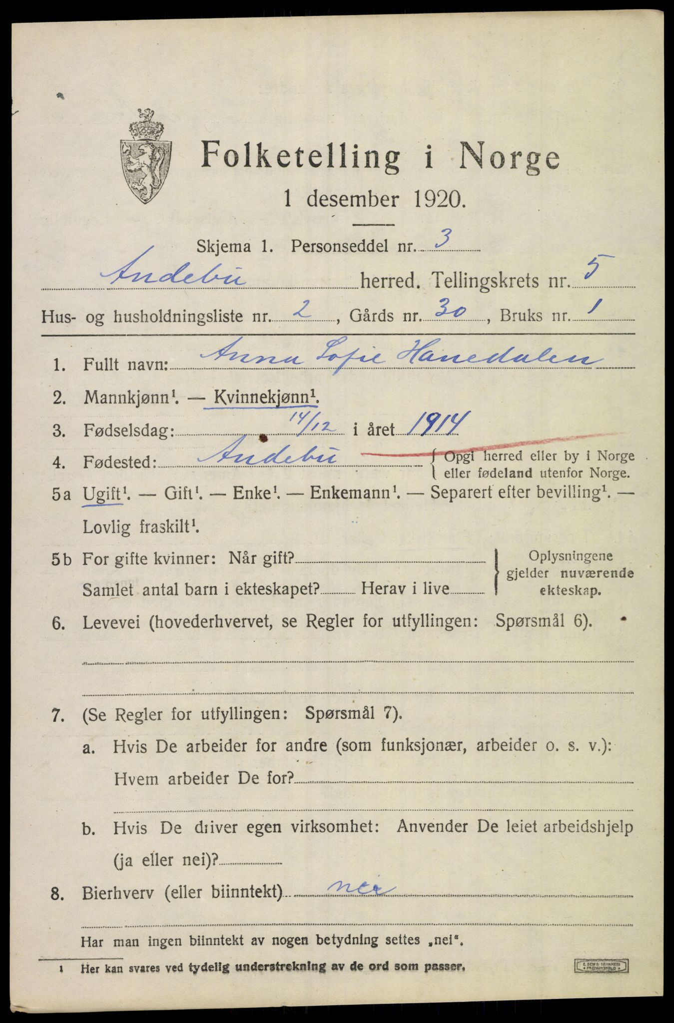 SAKO, 1920 census for Andebu, 1920, p. 2654